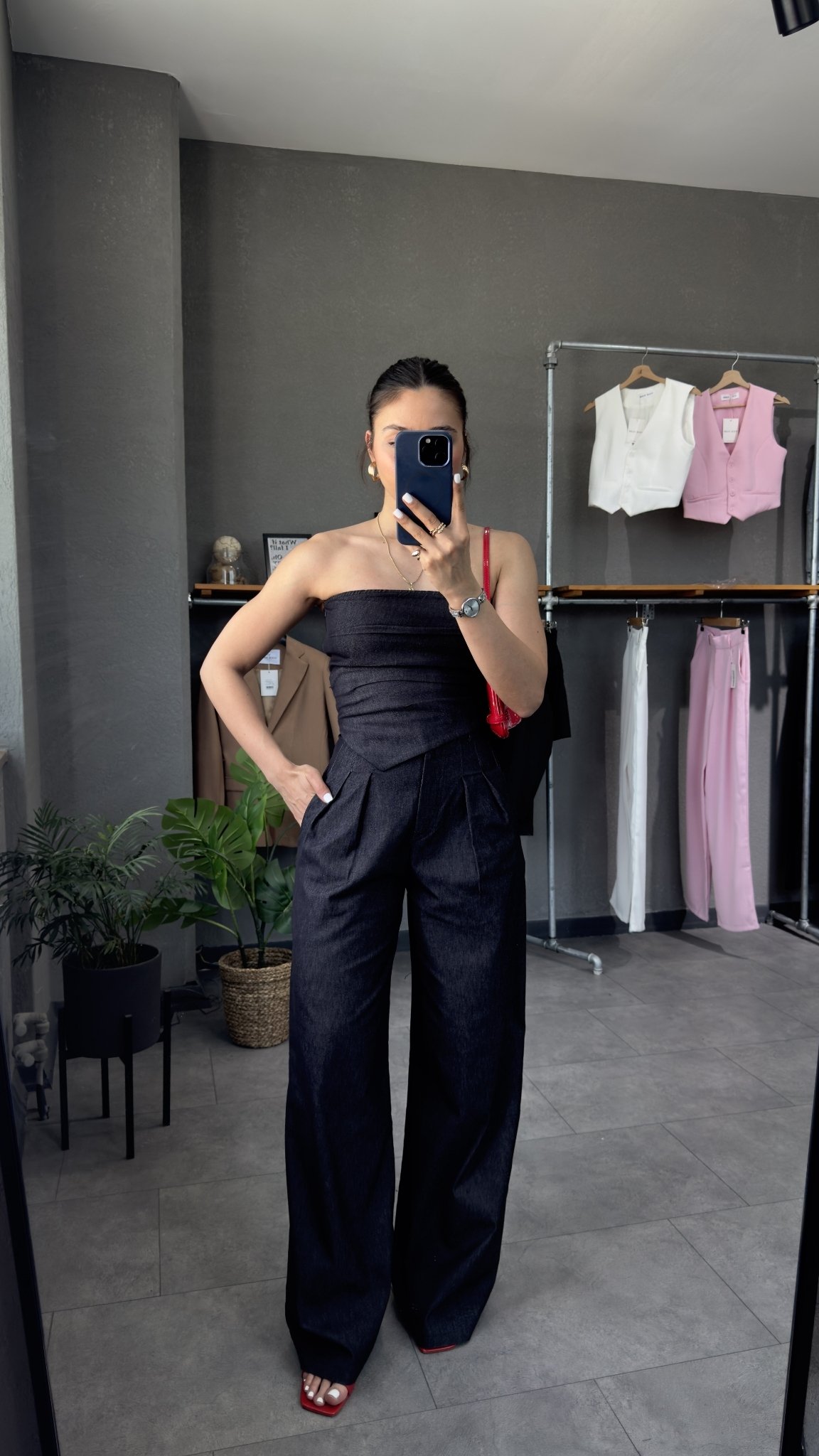 Straplez Denim Görünümlü Büstiyer Lacivert Renk Pantolon Takım