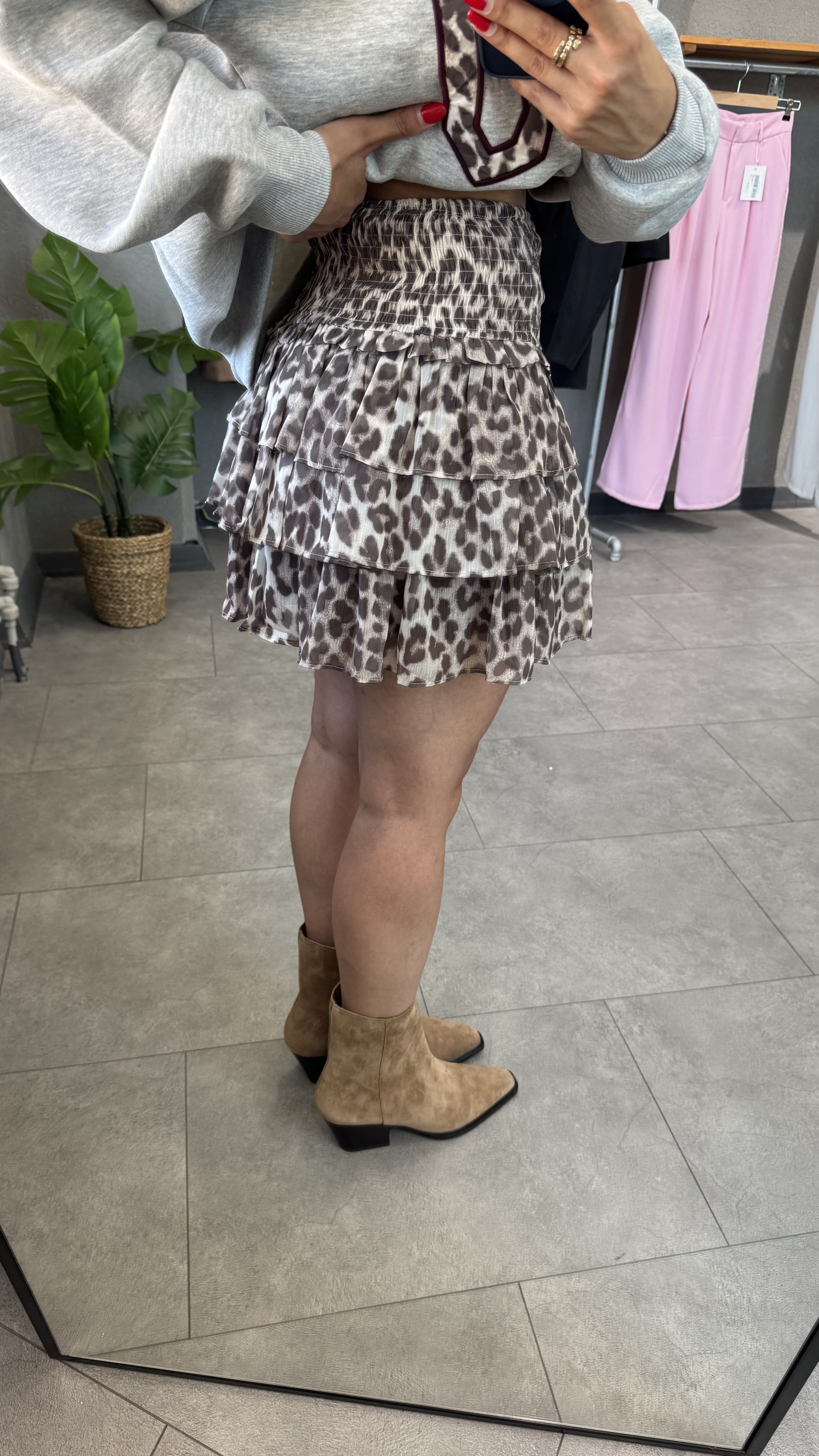 Beli Lastikli Katmanlı Leopar Desen Mini Etek
