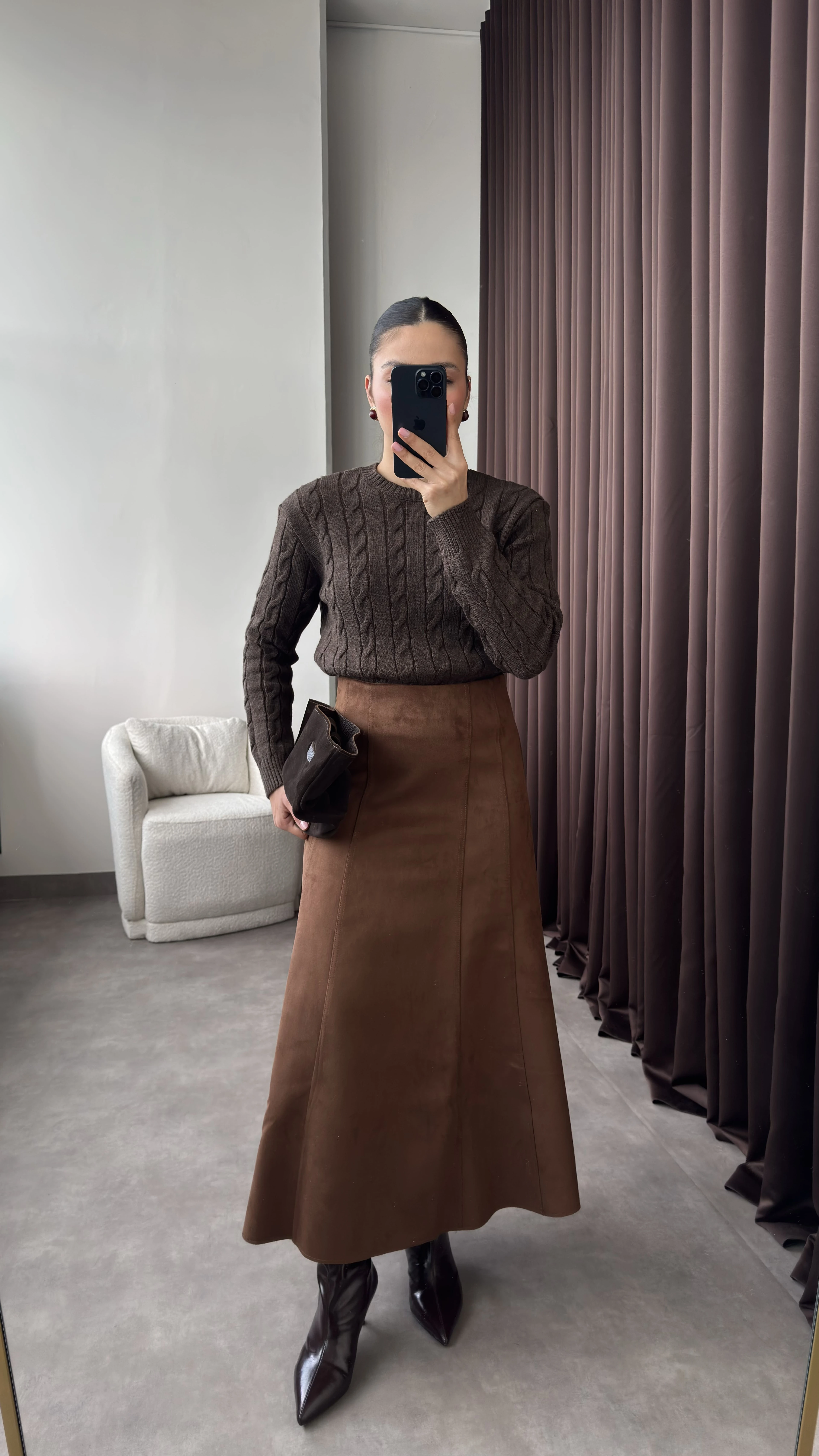 Kadın Kahve Uzun Kloş Süet Etek