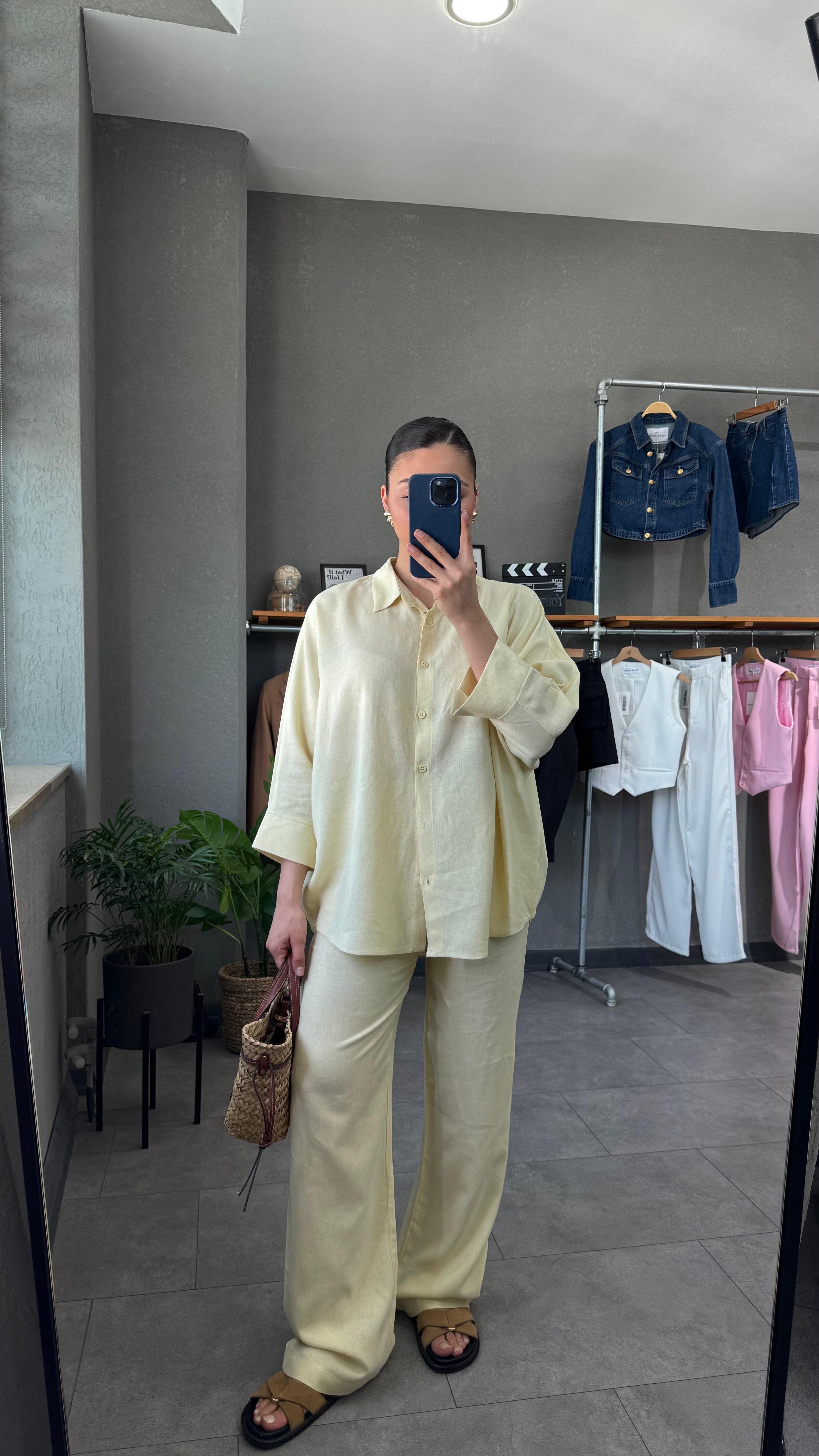 Keten Kumaş Oversize Gömlek Pantolon Takım - Sarı