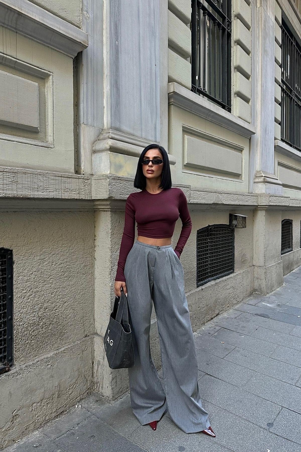 Bisiklet Yaka Crop Bordo Kadın Bluz