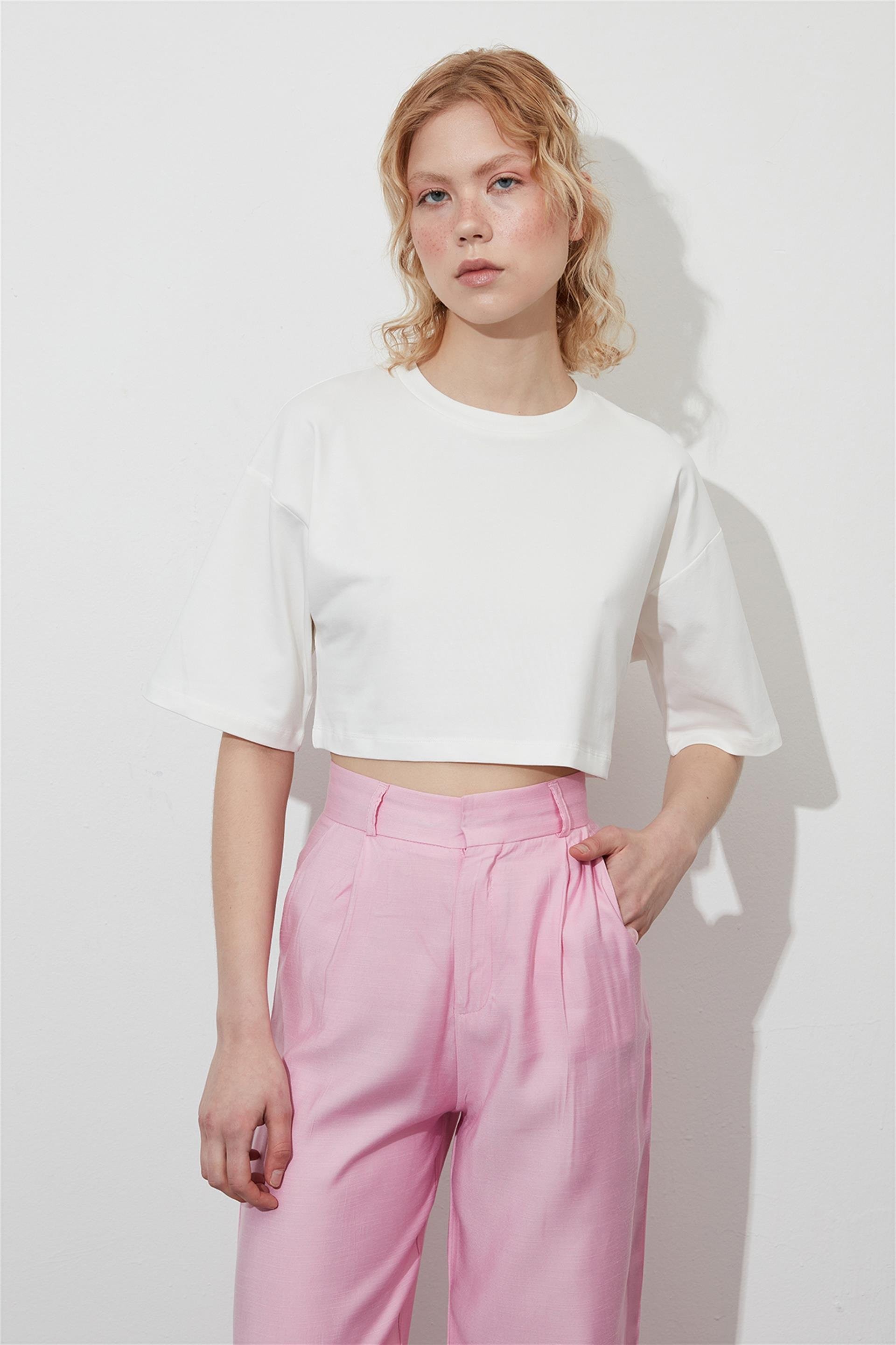 Ekru Crop Kısa Kol T-shirt