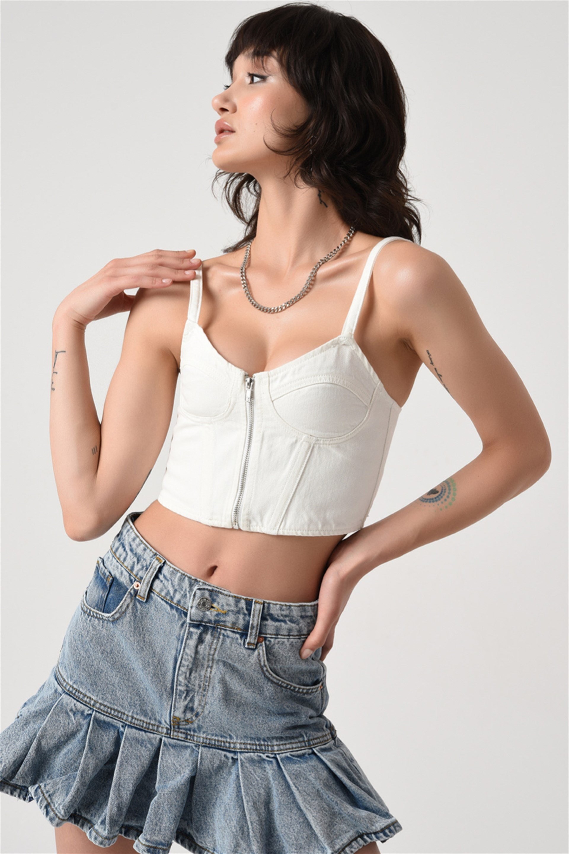 Fermuar Detaylı Denim Büstiyer Beyaz