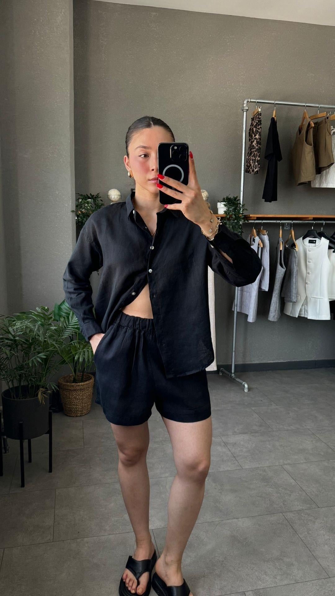 Oversize Keten Siyah Kadın Gömlek
