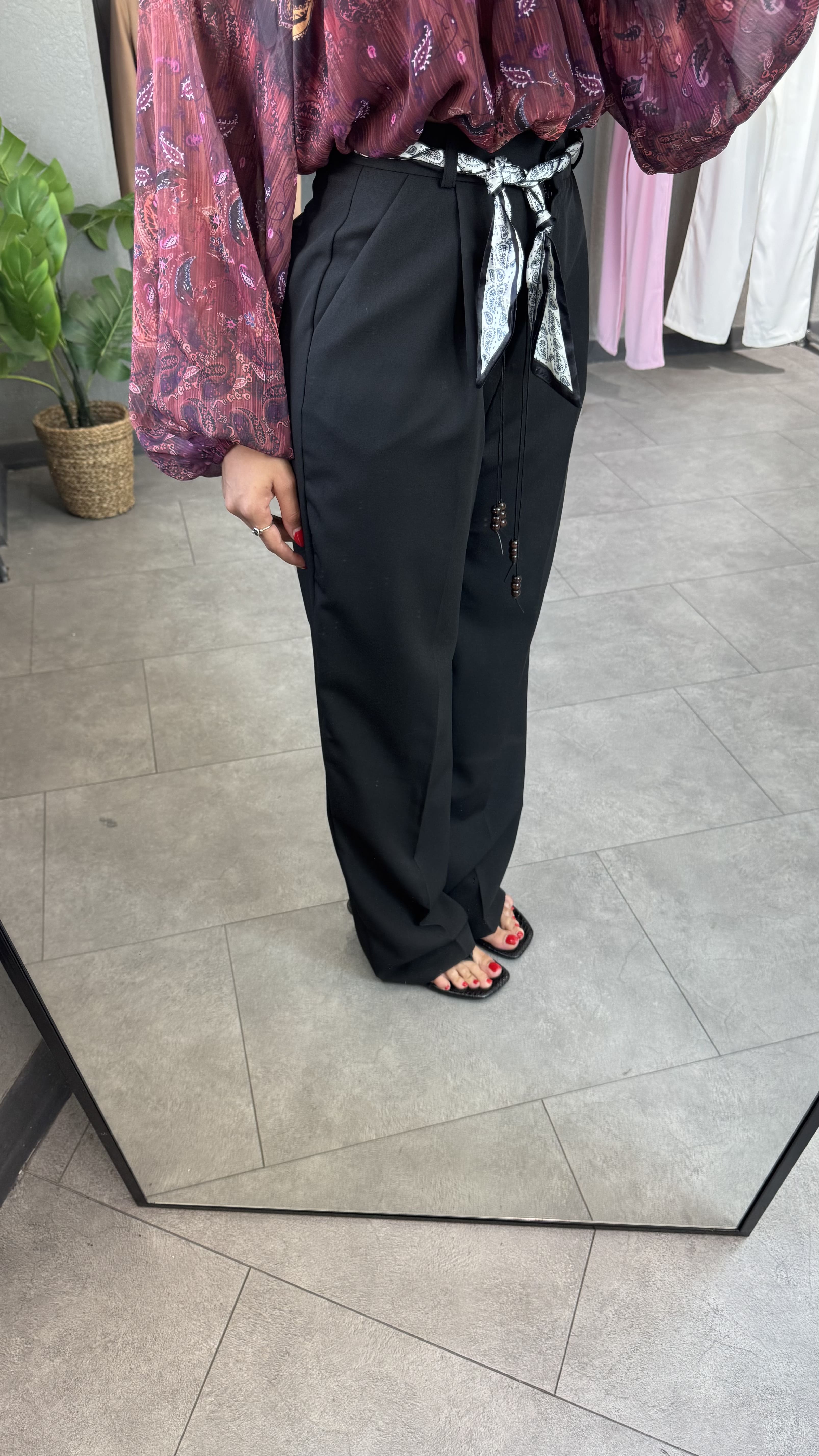 Fular kemerli Yüksek Bel Pileli Palazzo Pantolon