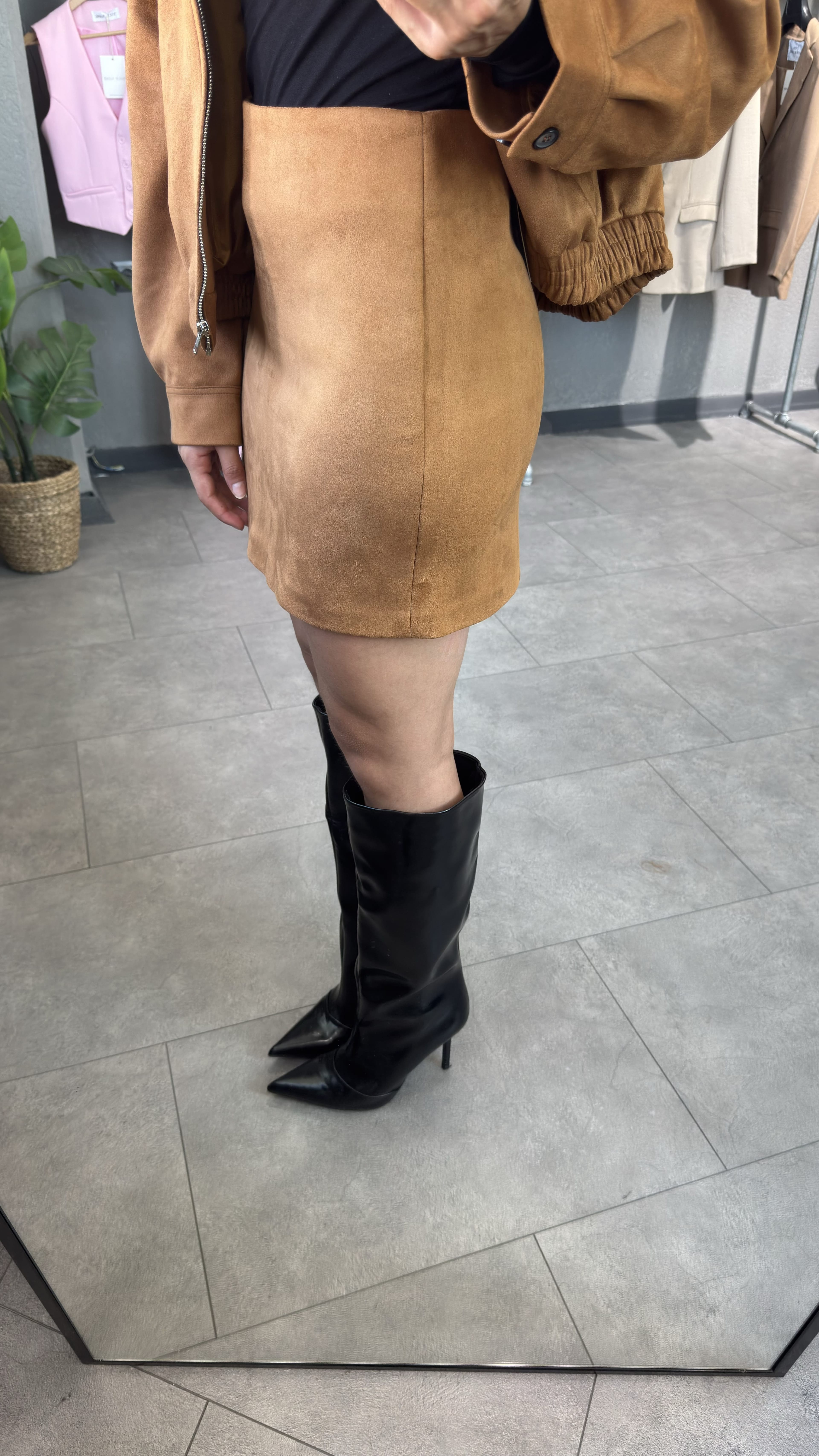Süet Taba Bomber Ceket & Mini Etek Kombin