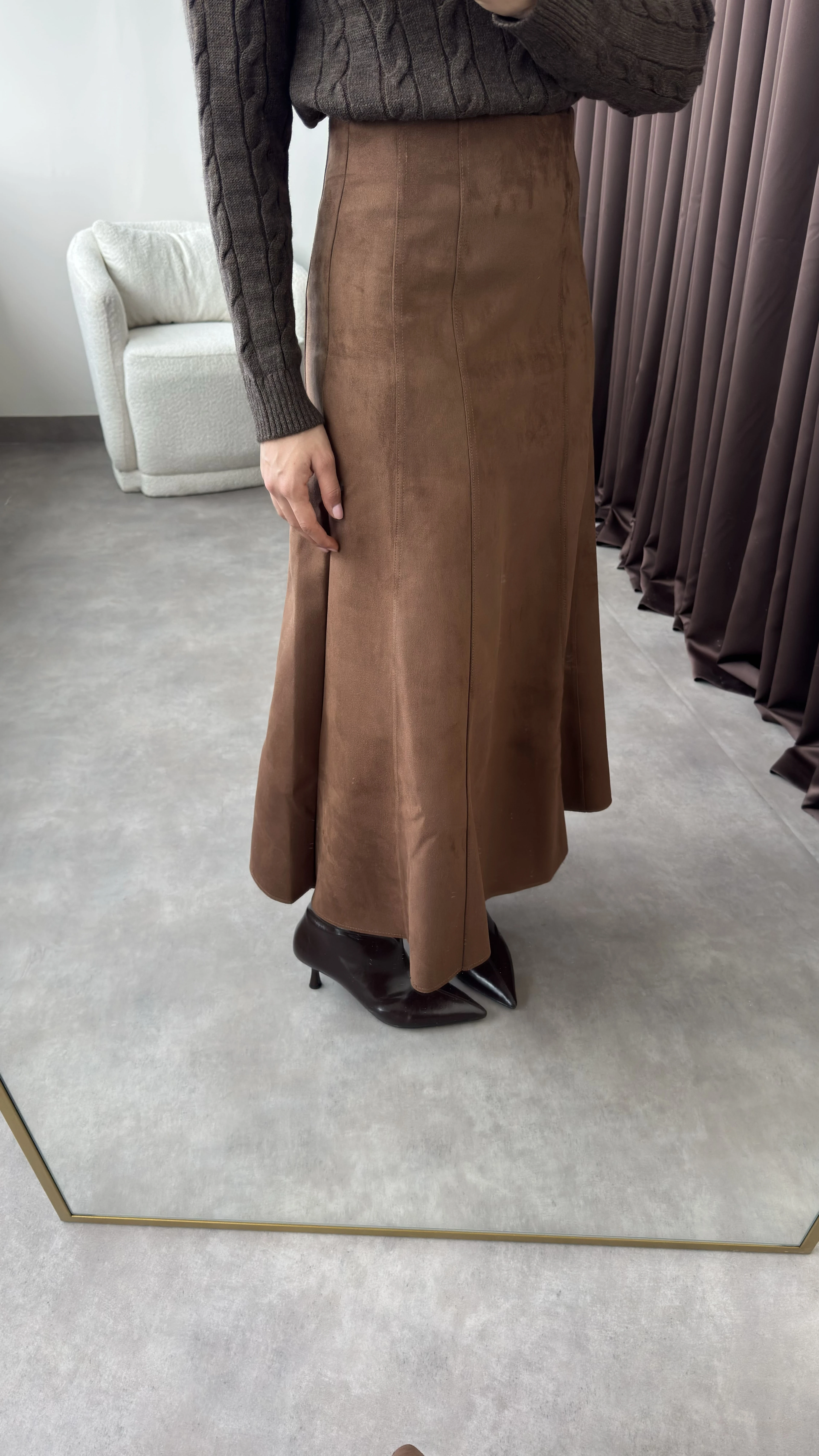 Kadın Kahve Uzun Kloş Süet Etek