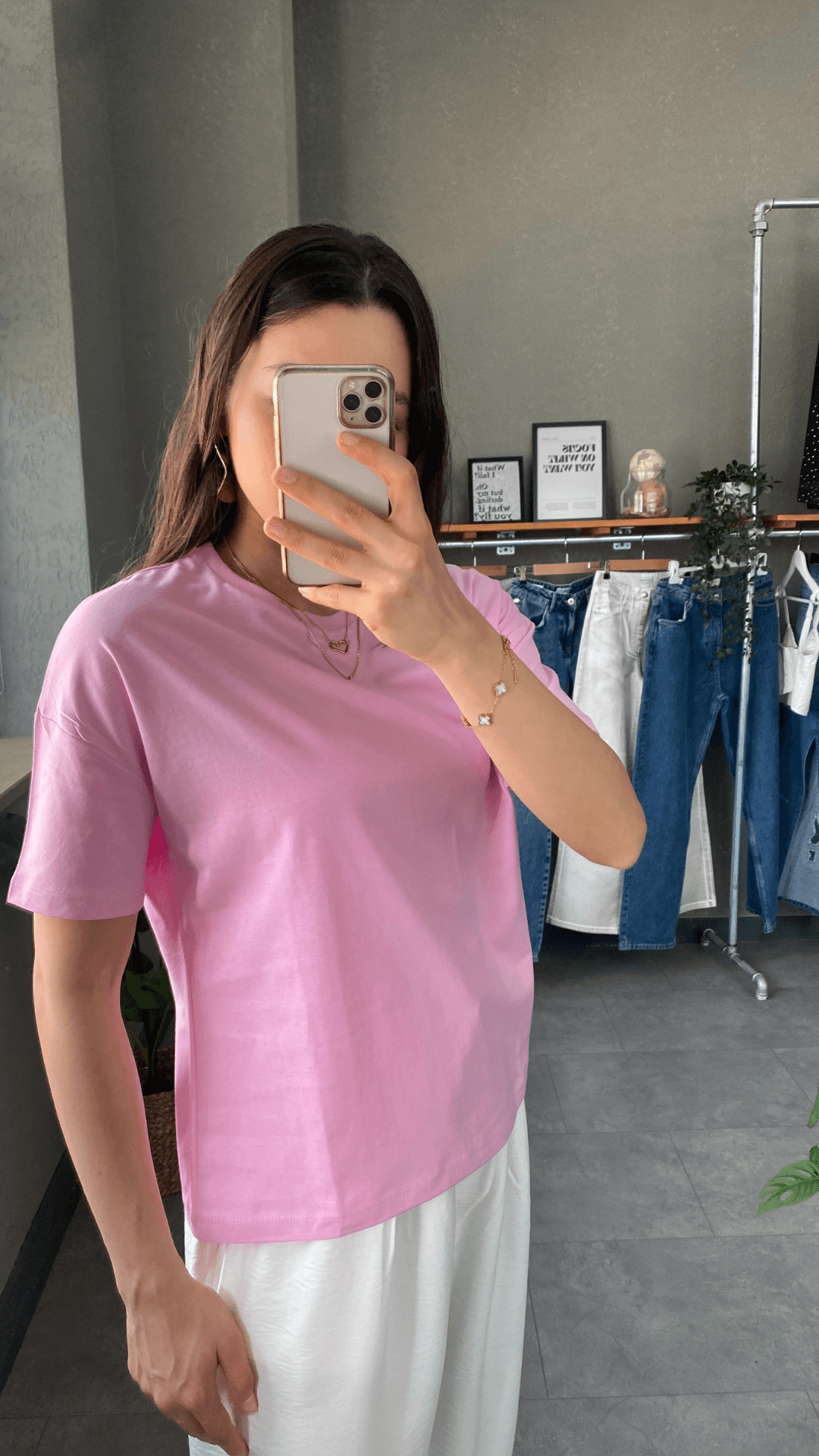 Oversize Bisiklet Yaka Pembe Kadın T-shirt