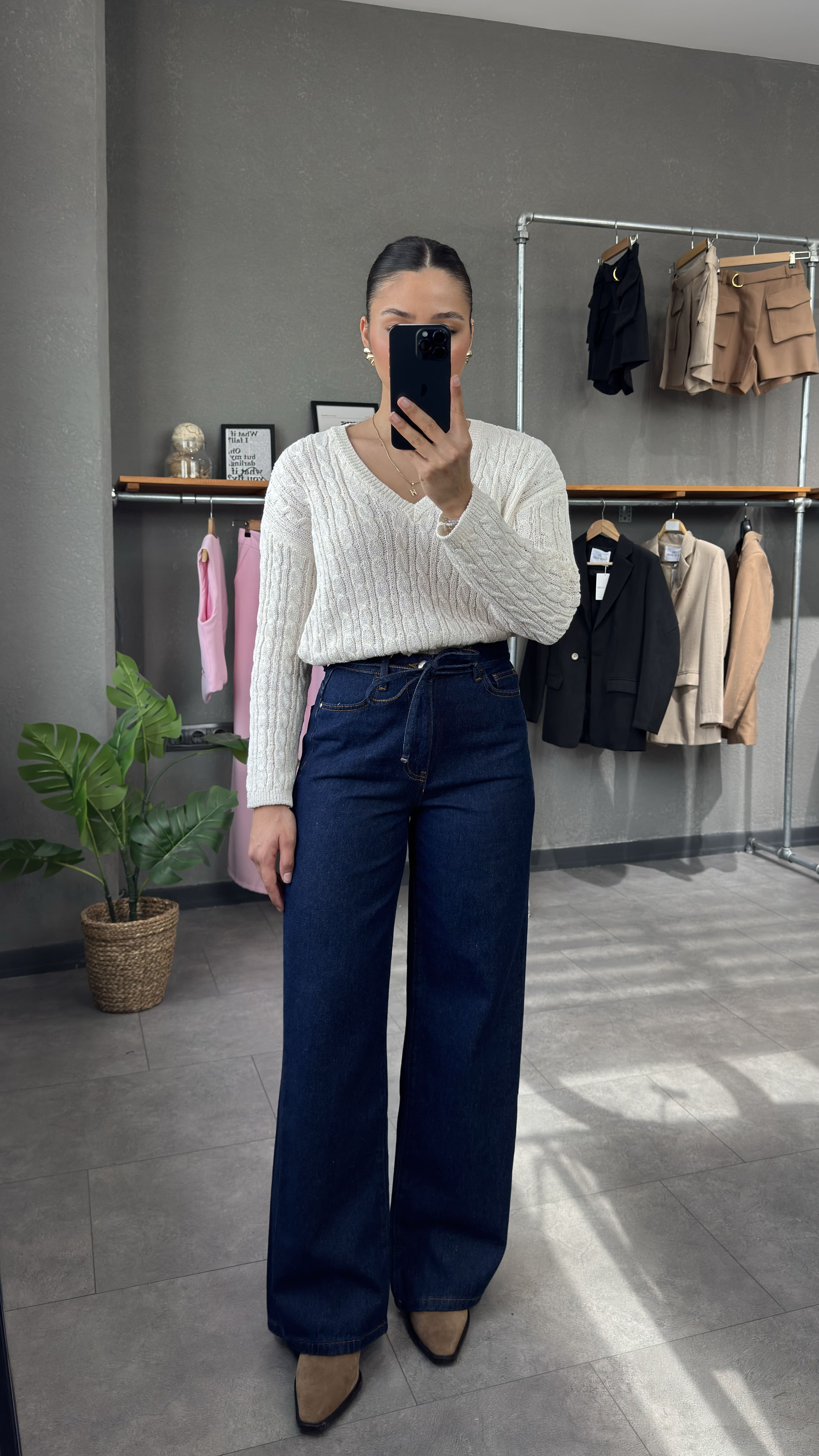Yüksek Bel Beli Kordonlu Lacivert Wide Leg Kadın Jean
