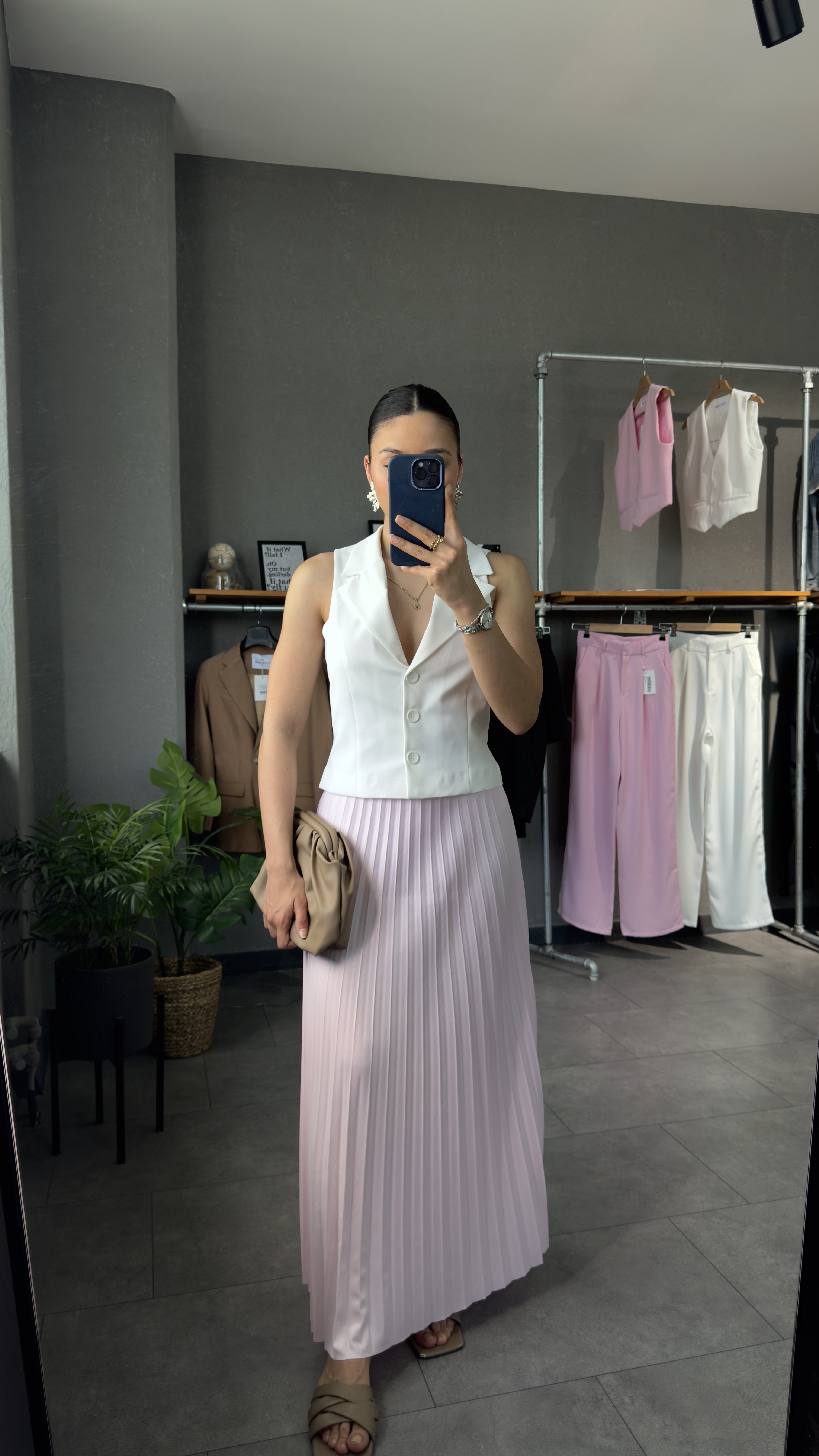Beli Latikli Piliseli Toz Uzun Etek - Pembe