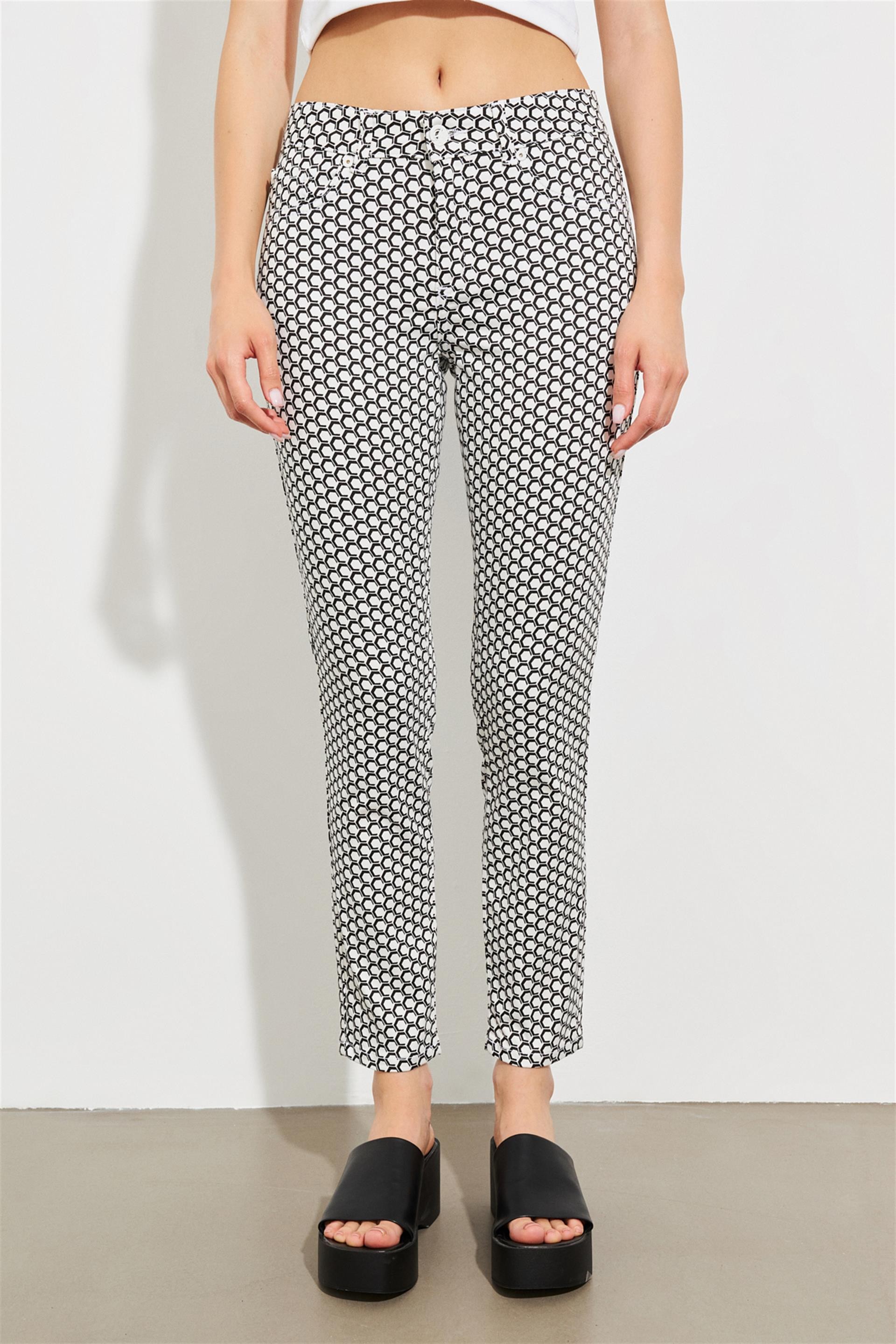 Puantiye Desen Orta Bel Skinny Jean Beyaz