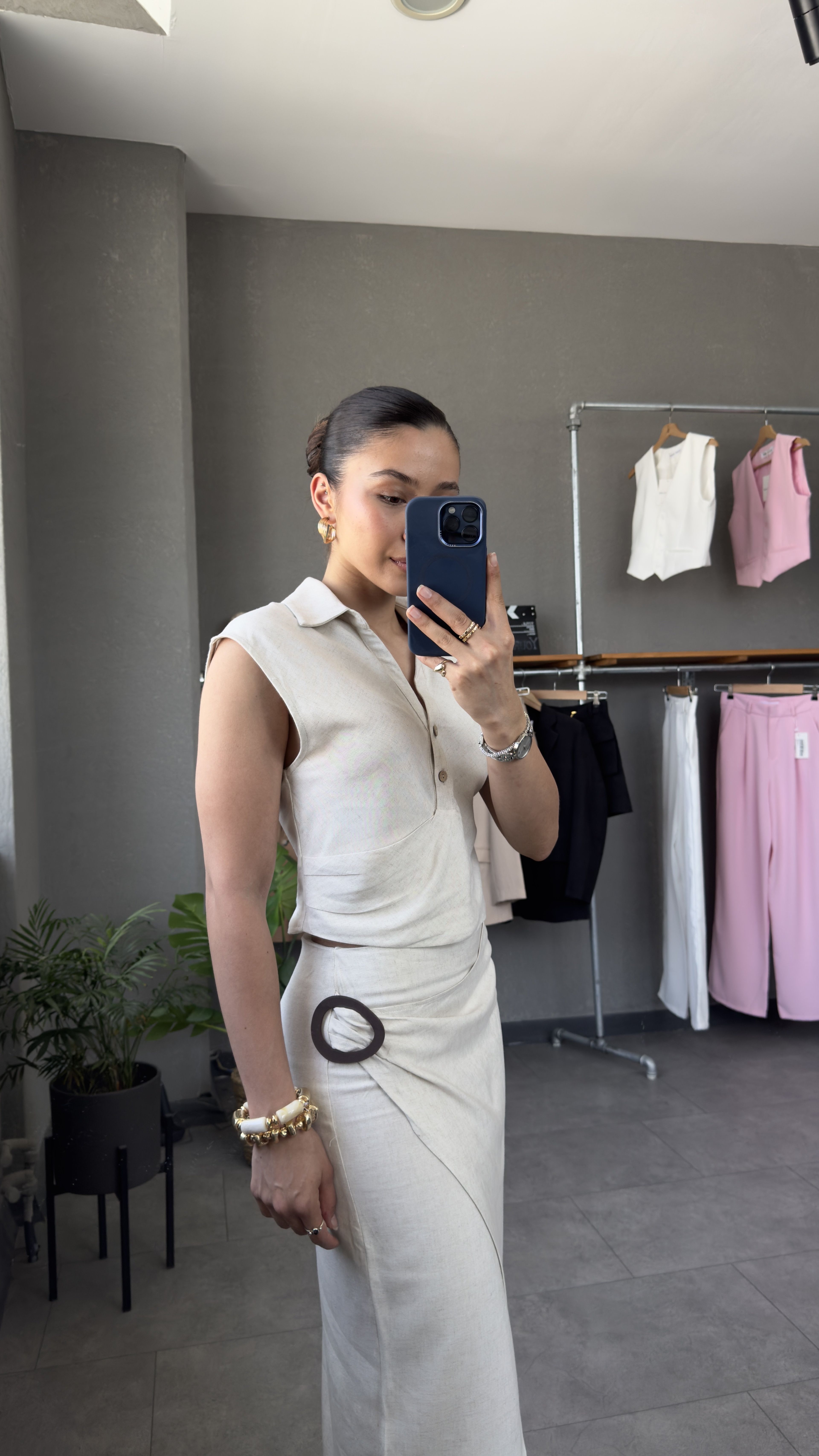 Tokalı Etek Crop Bluz Keten Takım