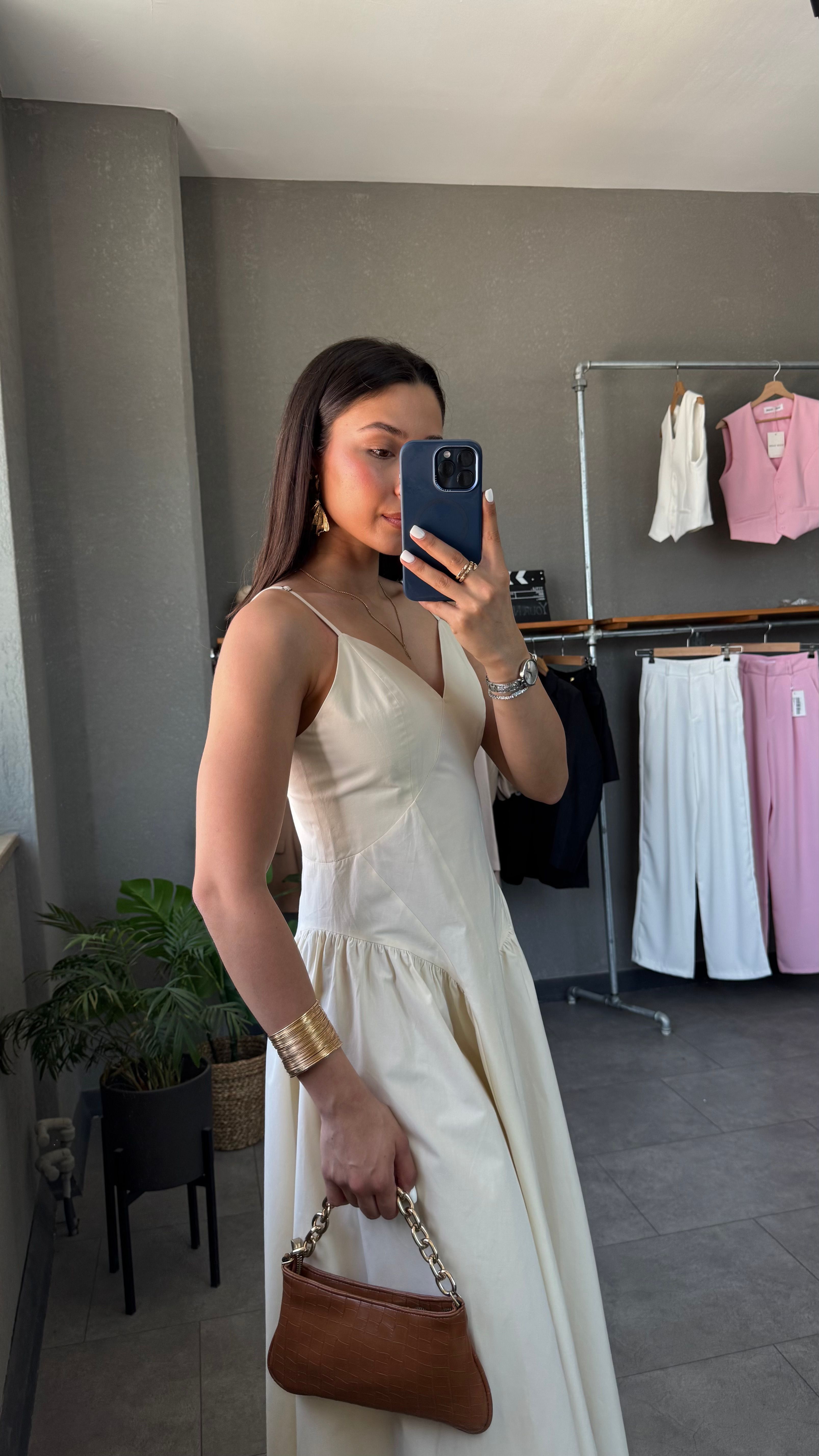 Bel Detaylı Pamuklu Askılı Midi Elbise