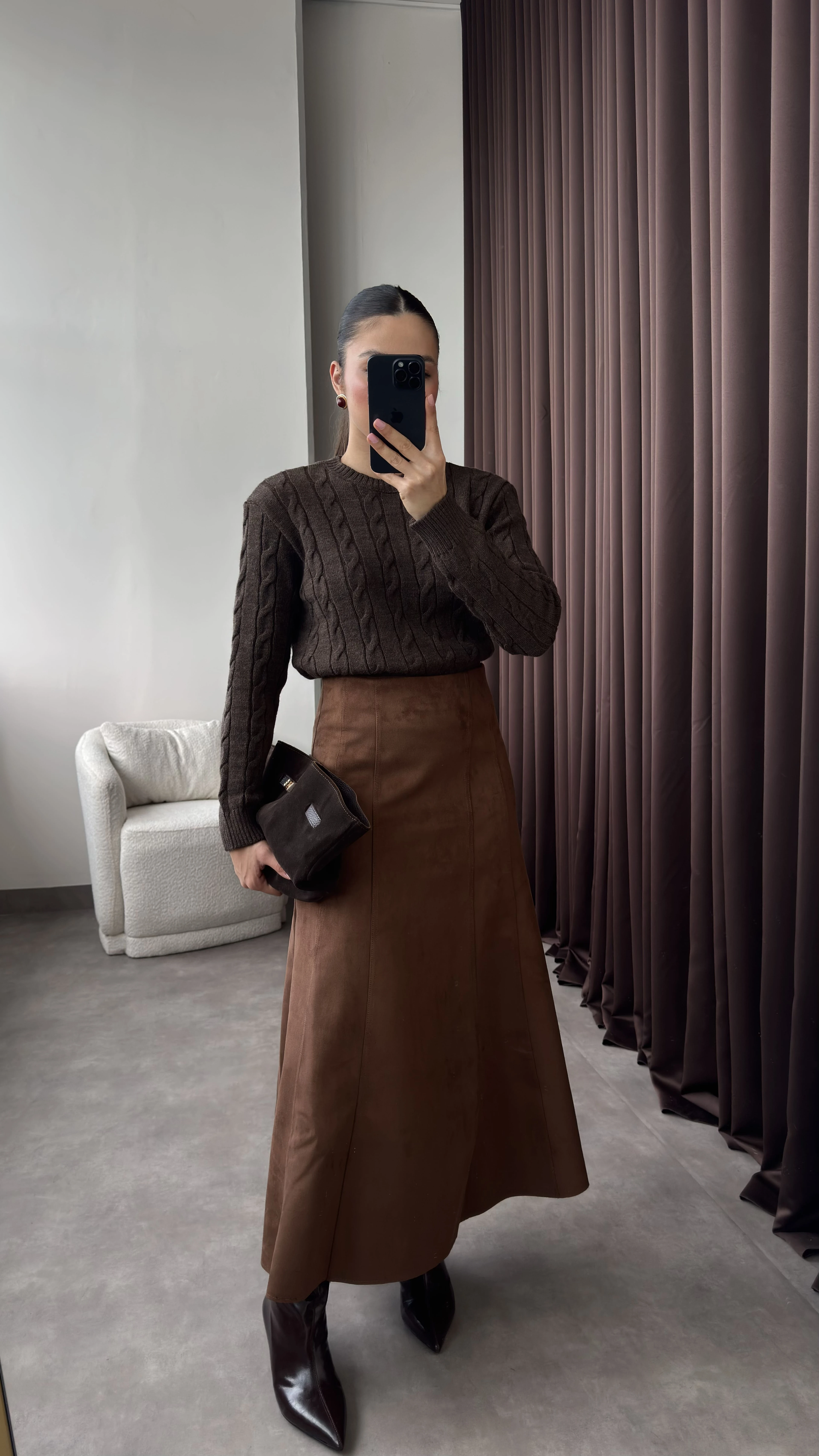 Kadın Kahve Uzun Kloş Süet Etek