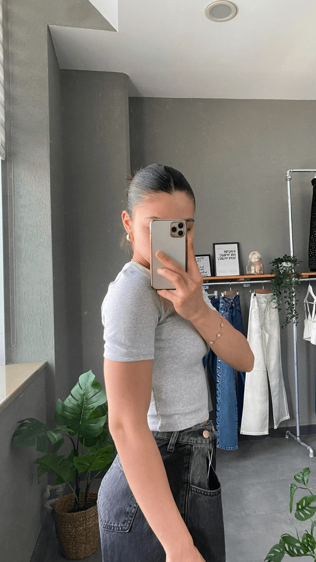 Bisiklet Yaka Gri Kadın Crop T-shirt