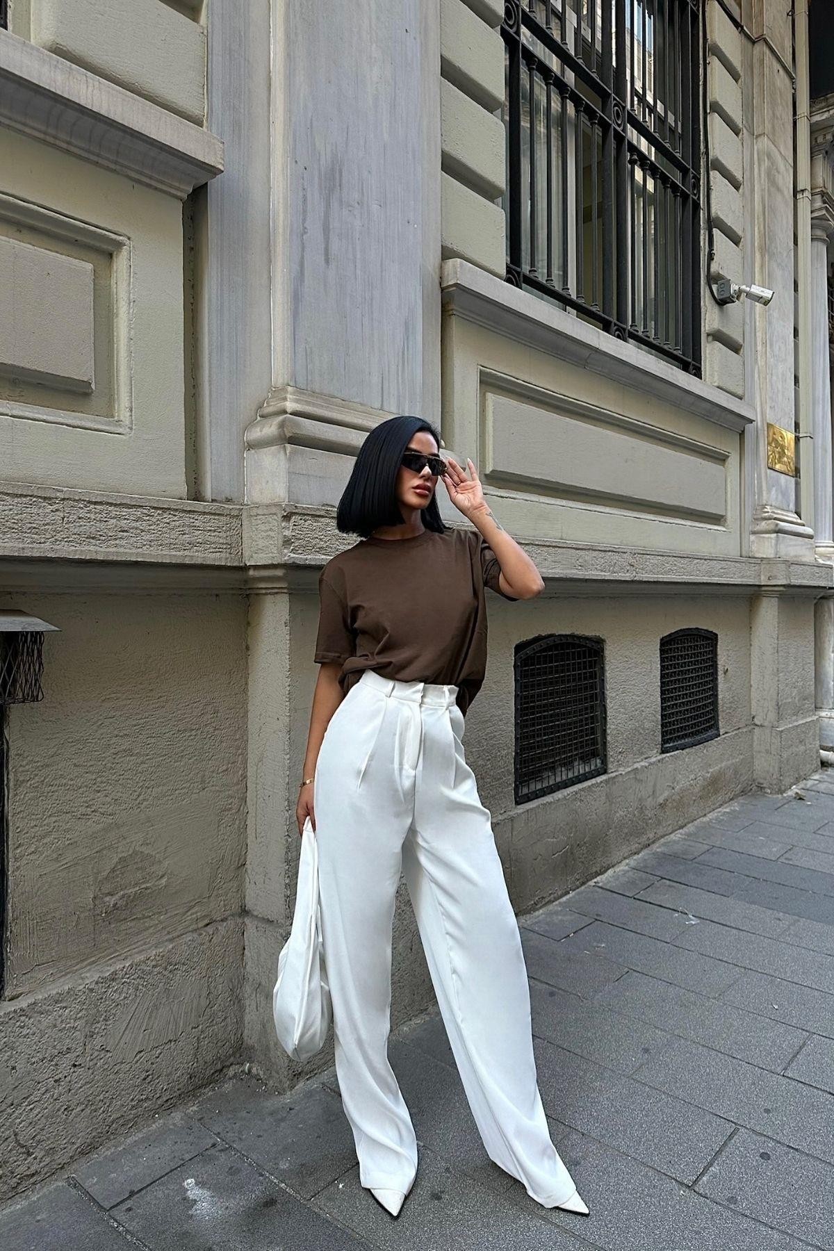 Bisiklet Yaka Oversize Acı Kahve Kadın T-Shirt