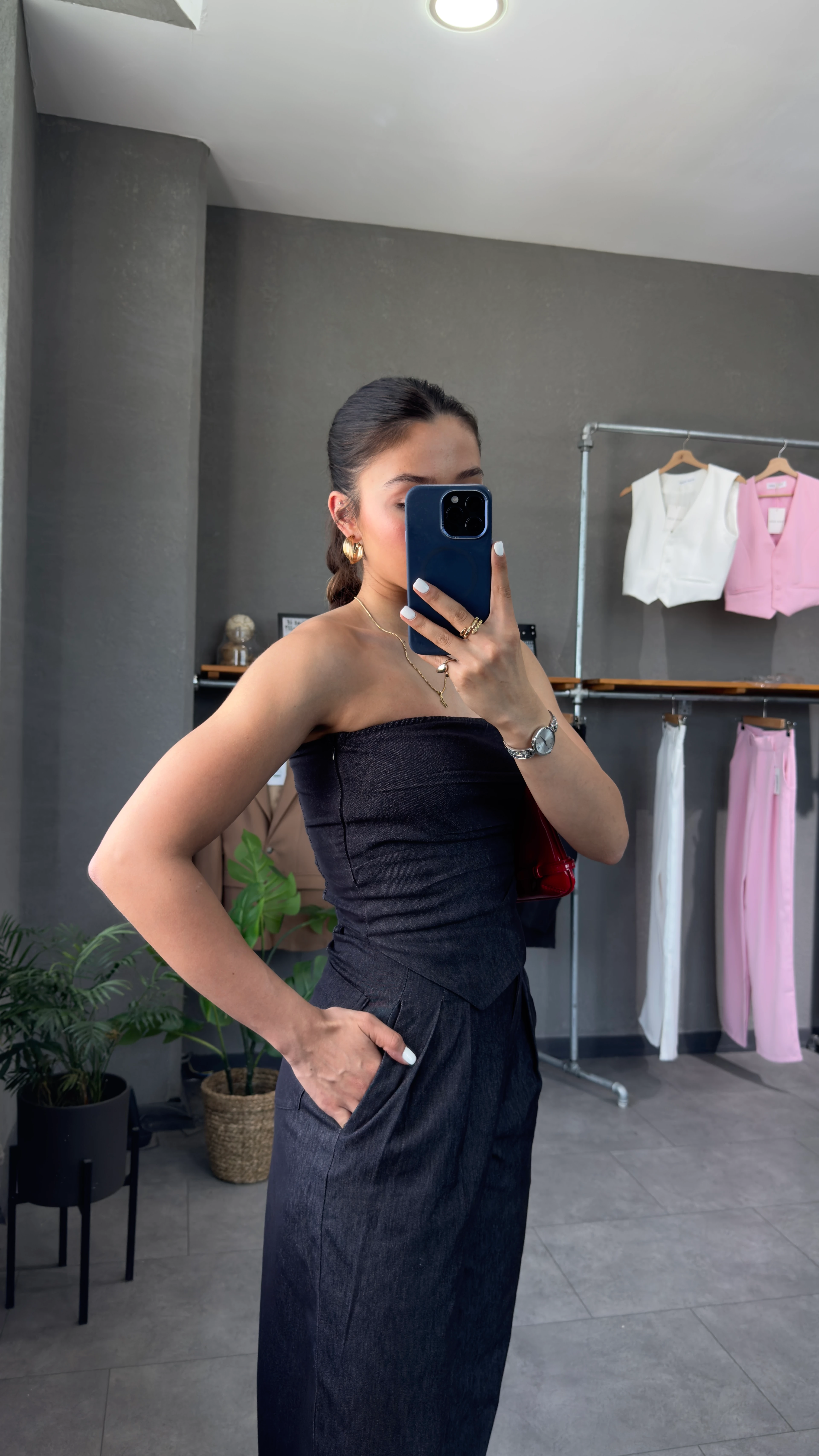 Straplez Denim Görünümlü Büstiyer Pantolon Takım