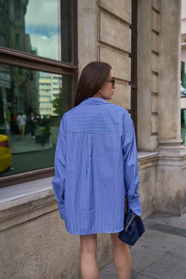 Poplin Oversize Çizgili Koyu Mavi Kadın Gömlek