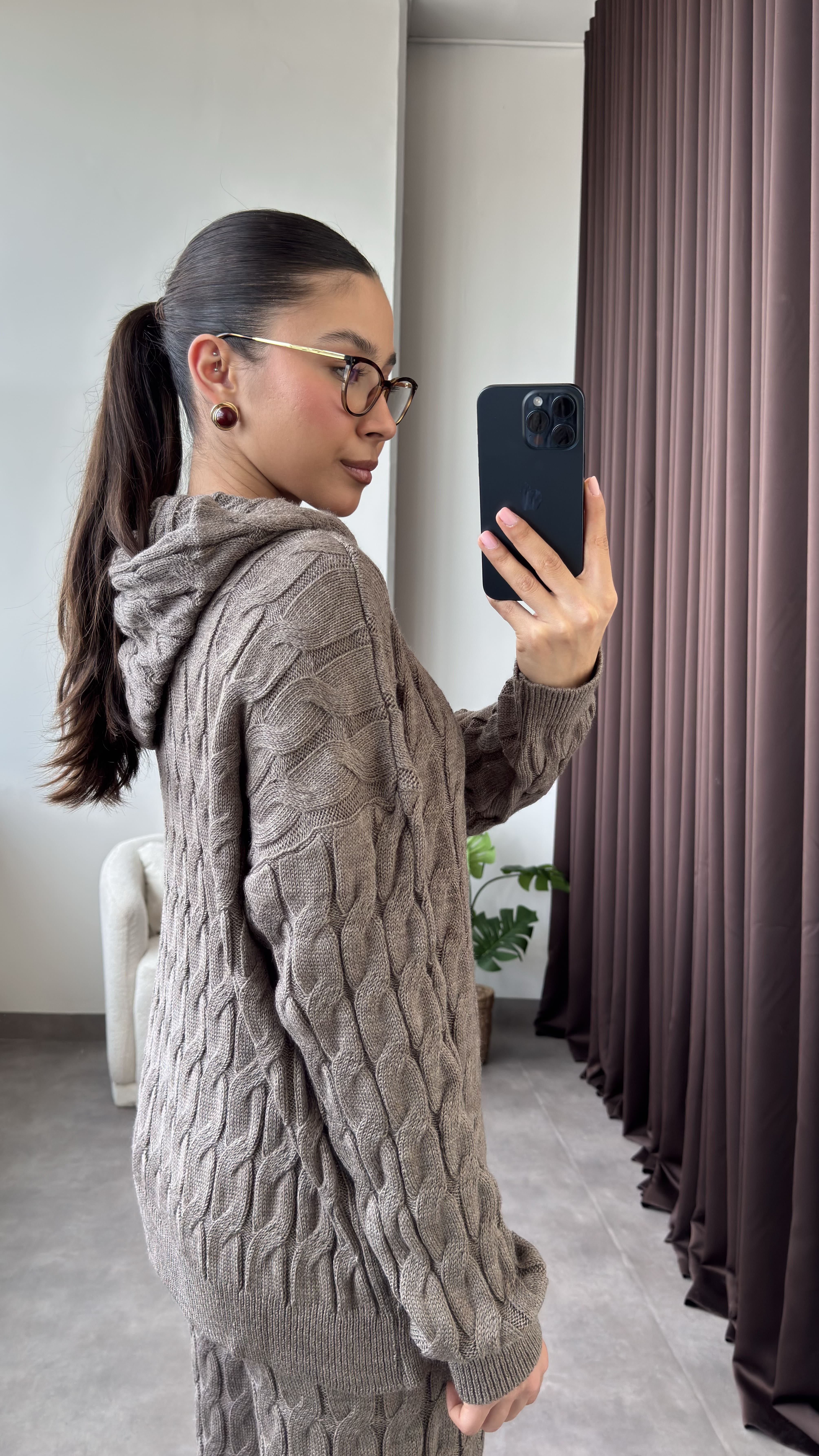 Çift Fermuarlı Kapüşonlu Saç Örgü Triko Takım