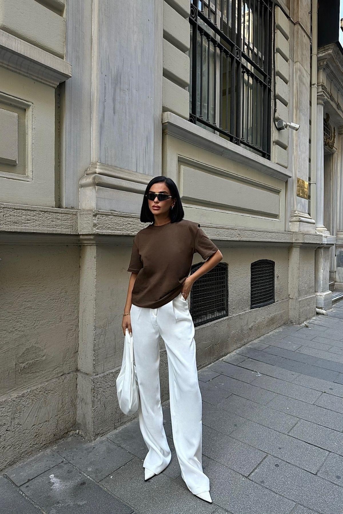 Bisiklet Yaka Oversize Acı Kahve Kadın T-Shirt