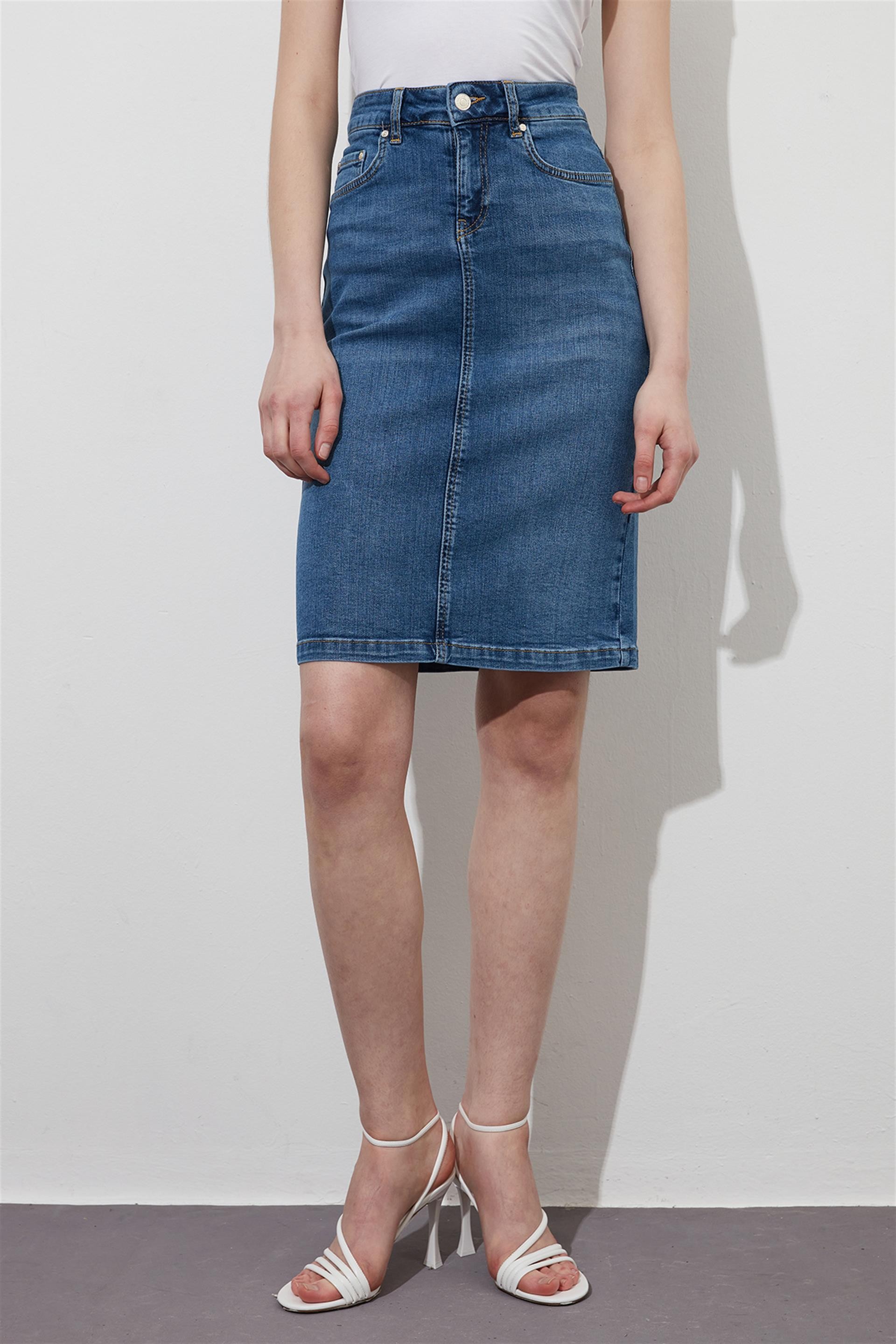 Kadın Mavi Denim Midi Etek