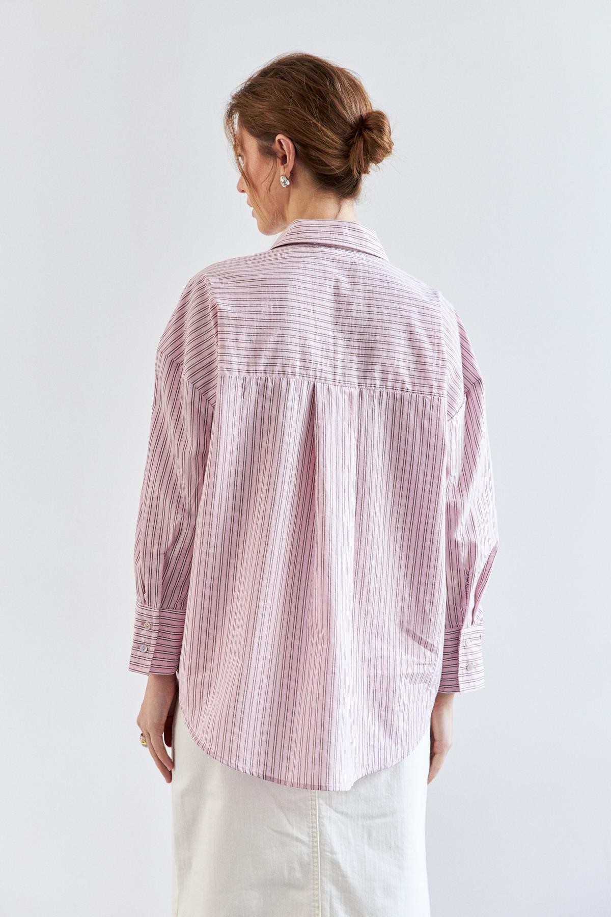 Oversize Çizgili Pembe Kadın Gömlek