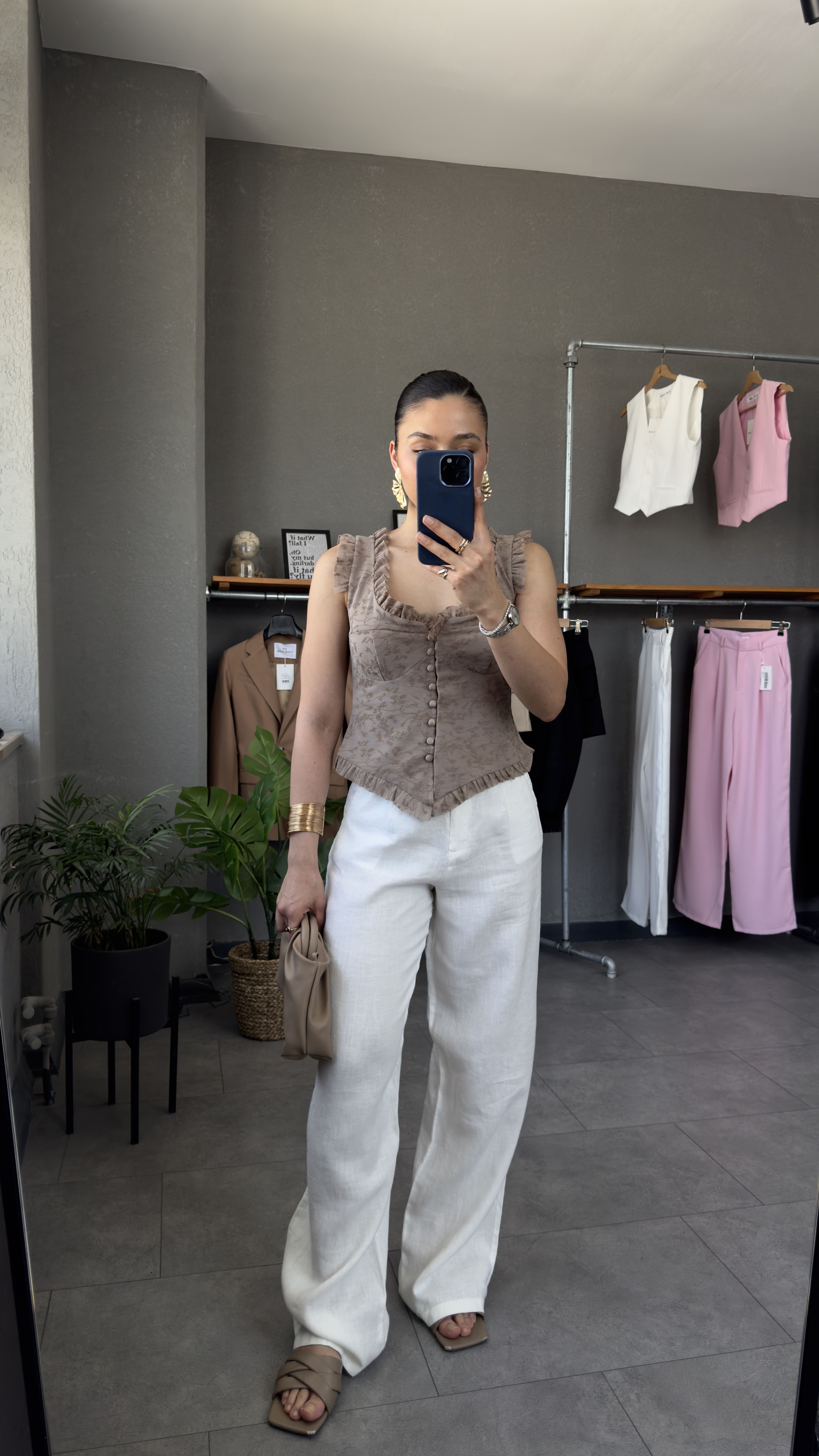 Fırfır Detaylı Dantel Detaylı Korse Bluz - Kahve