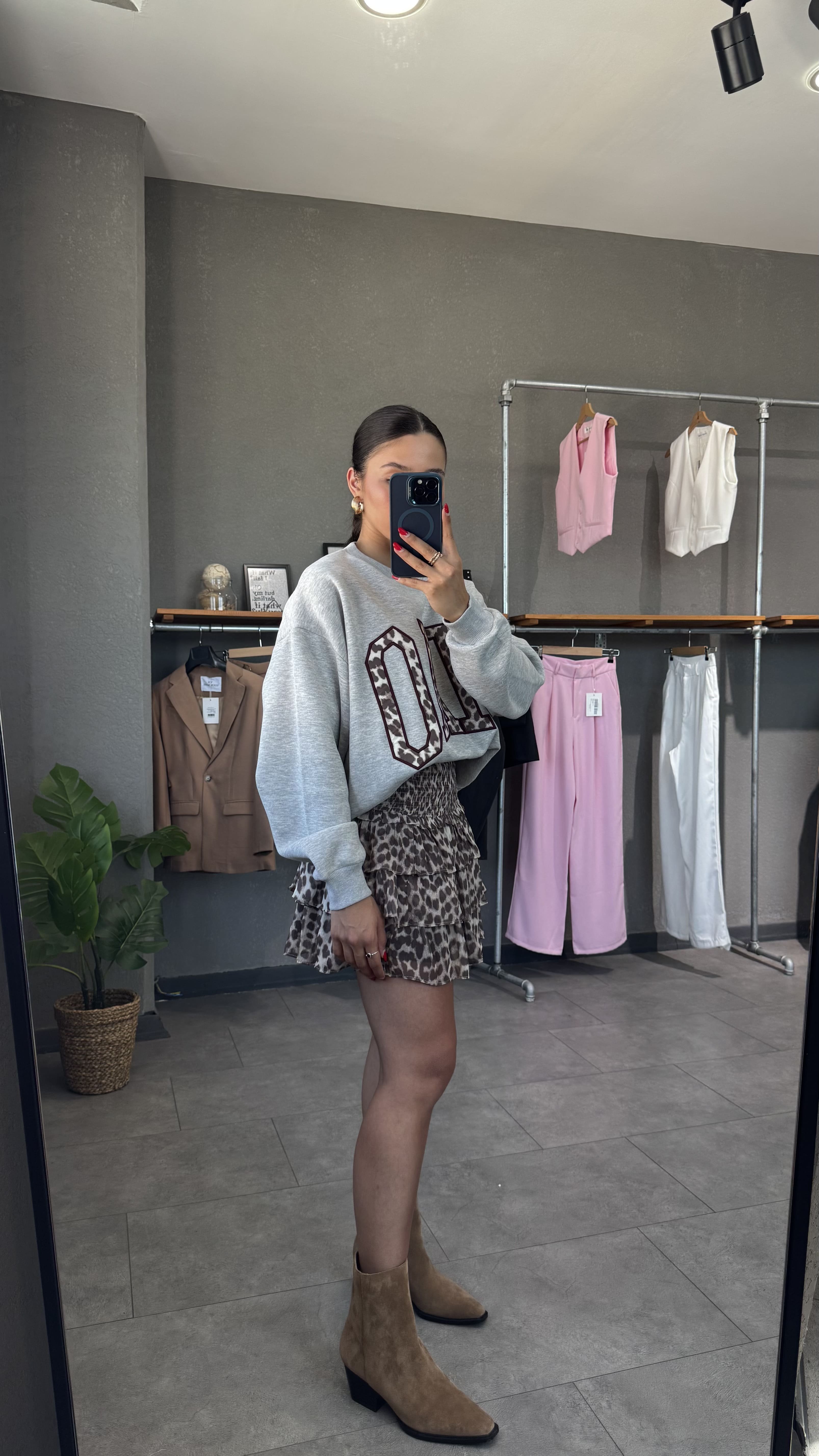 Beli Lastikli Katmanlı Leopar Desen Mini Etek