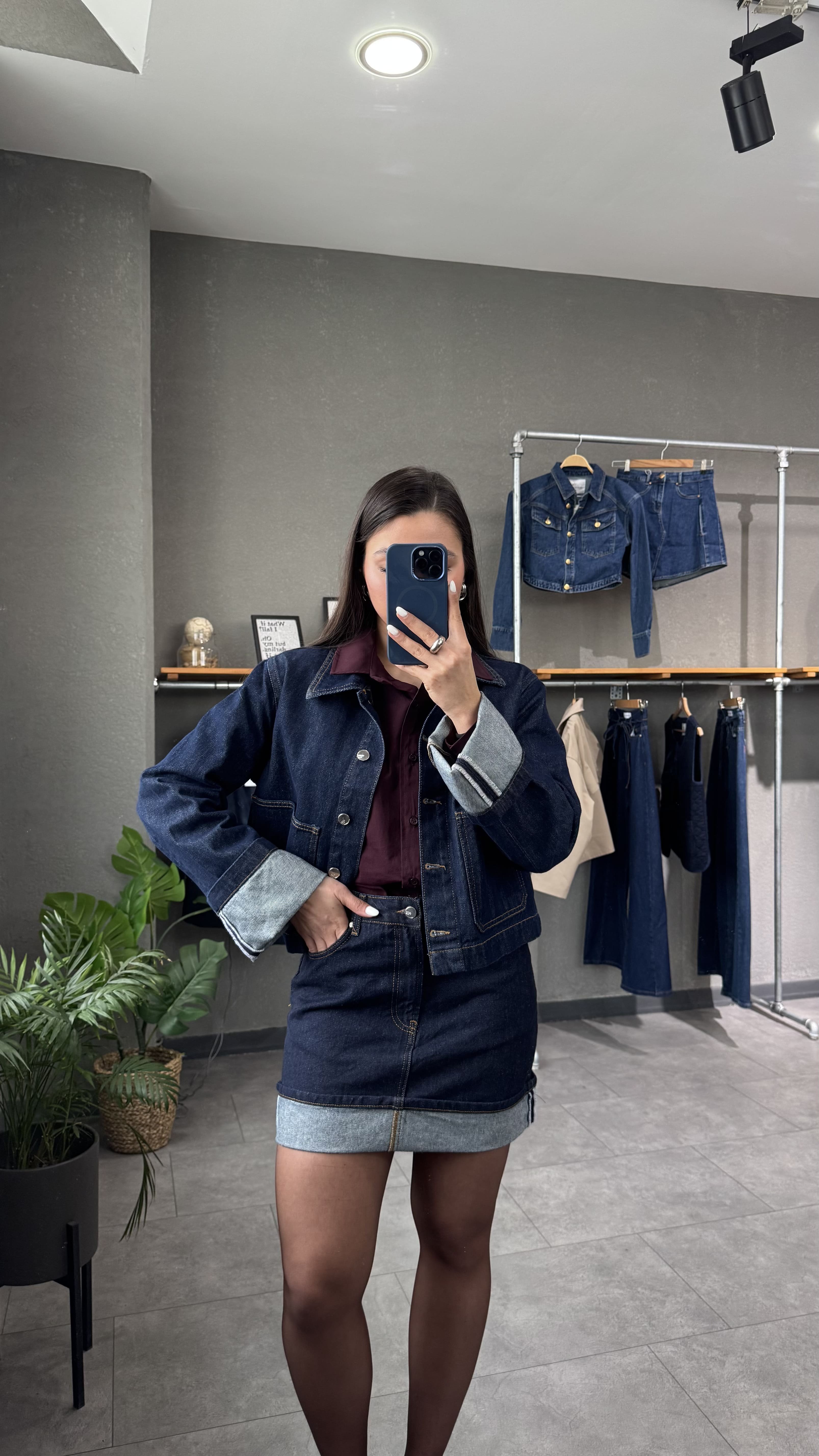 Katlama Detaylı Denim Lacivert Ceket Etek Takım