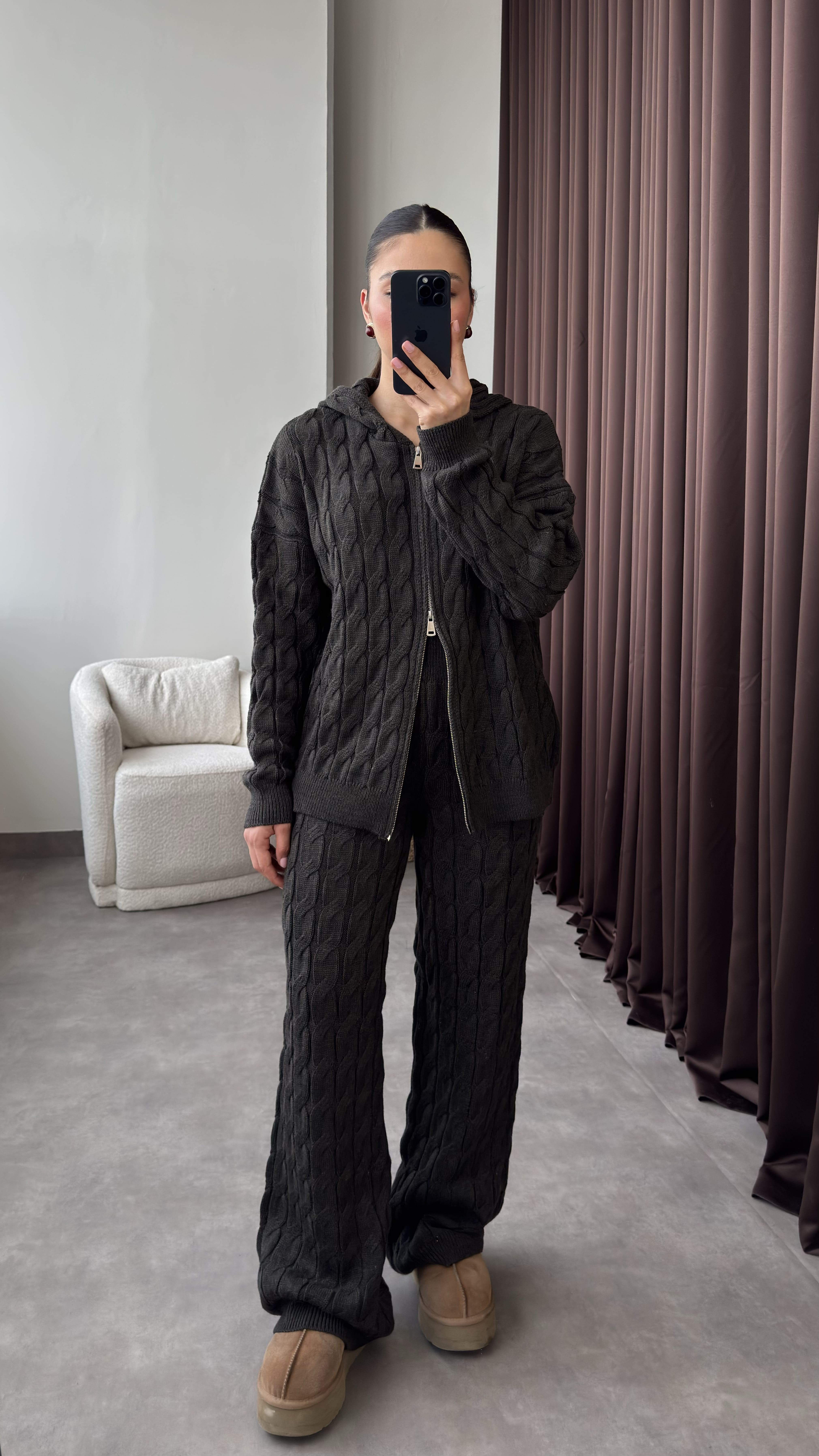 Çift Fermuarlı Kapüşonlu Saç Örgü Triko Takım - Haki