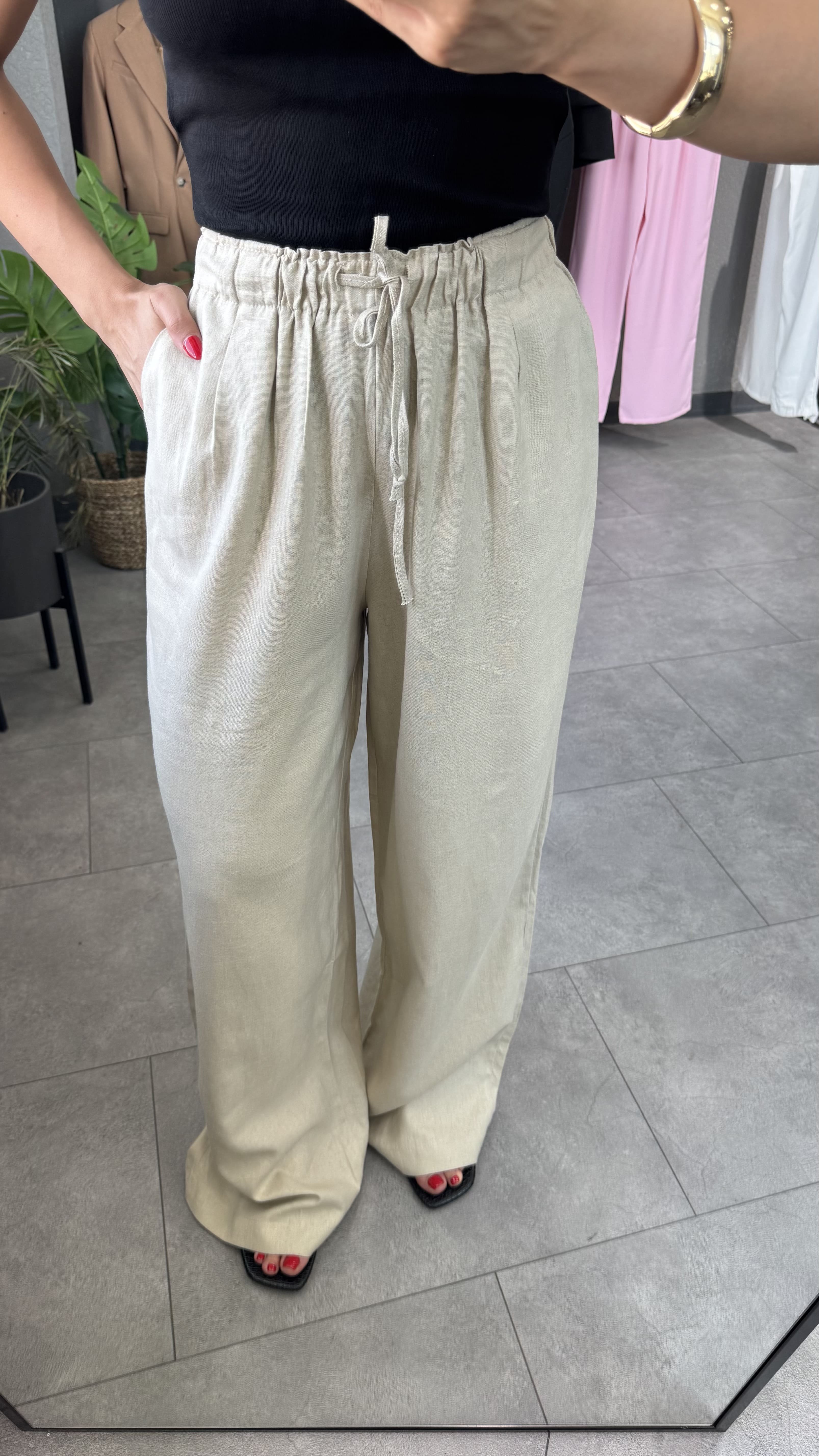 Beli Lastikli Düz Kesim Keten Taş Kadın Pantolon