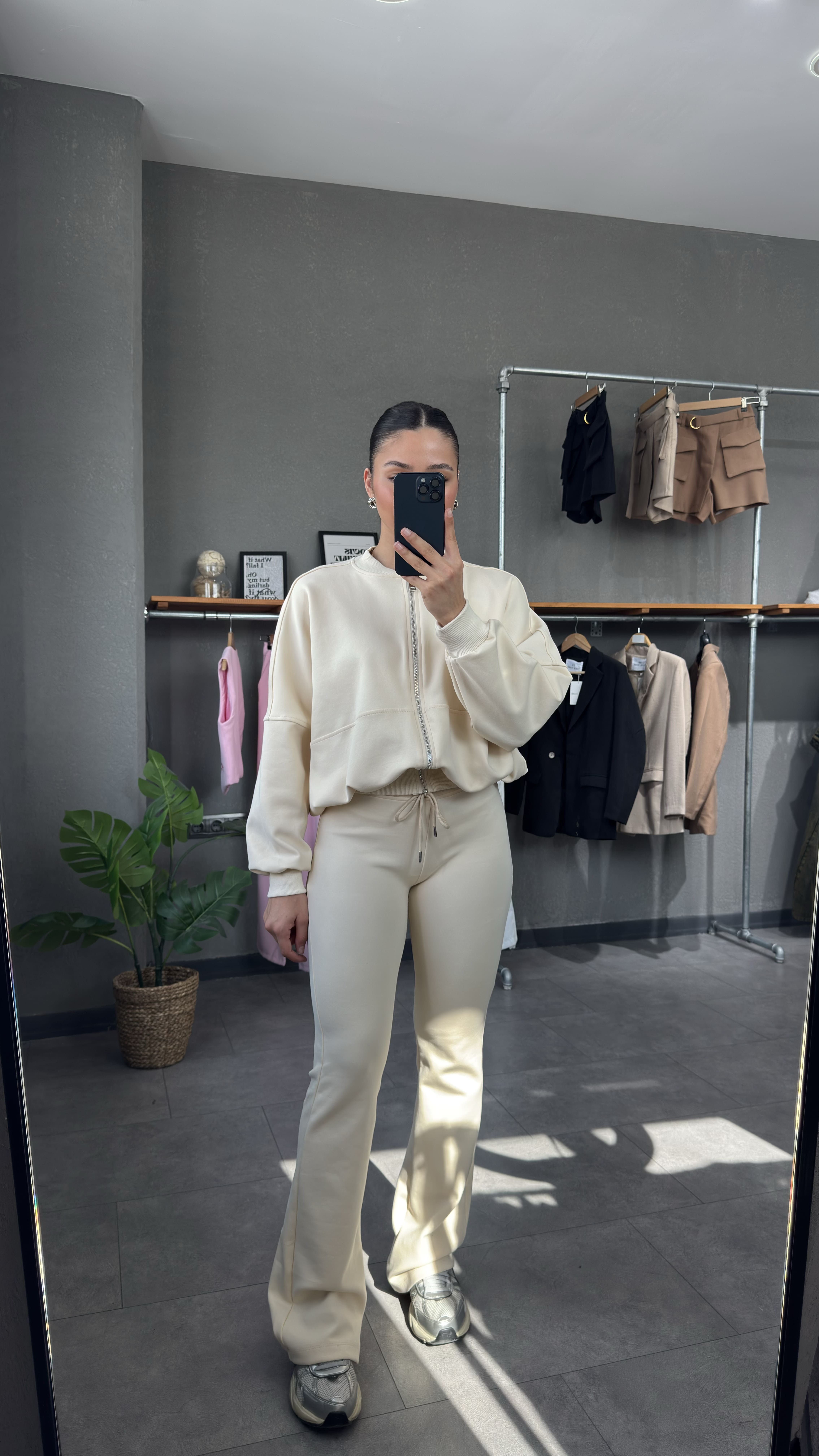 İspanyol Paça Pantolon Bomber Ceket Takım - Bej