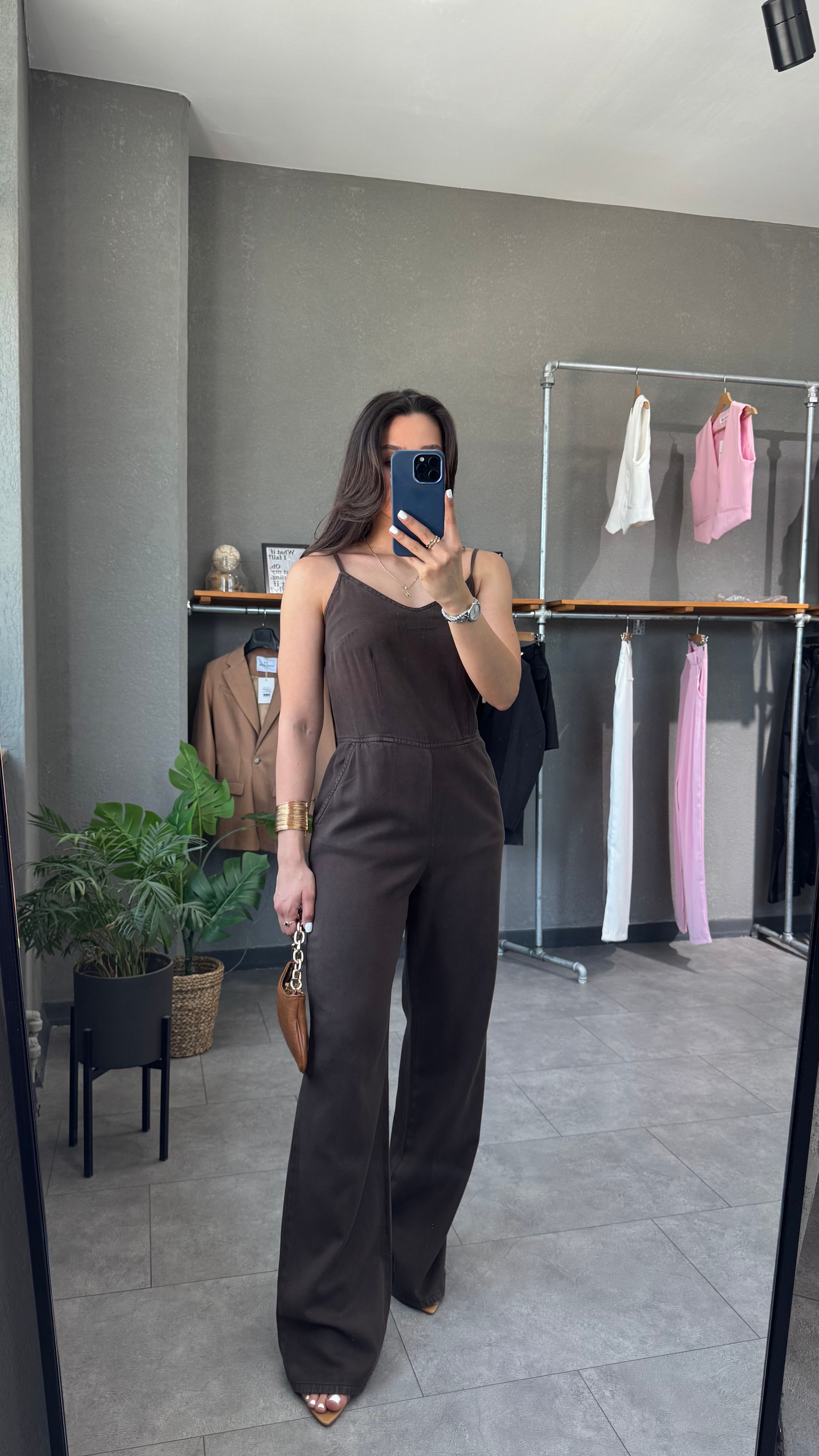 İnce Askılı Tensel Denim Tulum