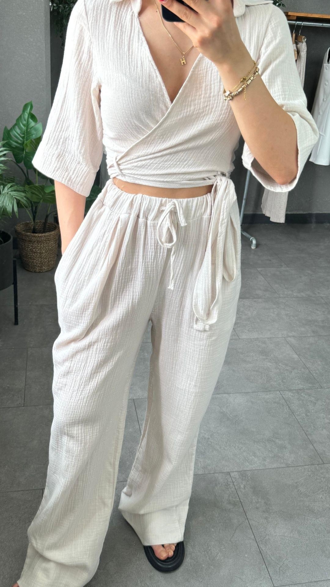 Müslin Bağlama Detaylı Taş Kadın Crop Pantolon Takım