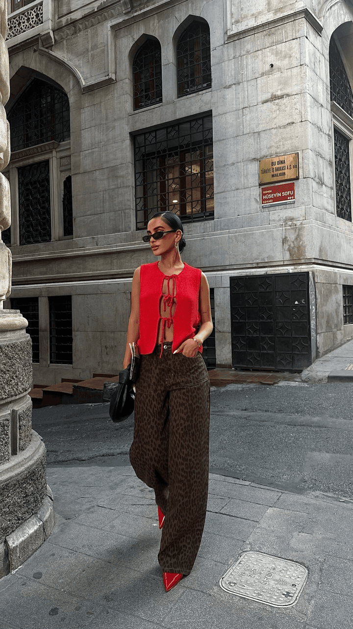 Yüksek Bel Leopar Desenli Kahve Straight Fit Kadın Jean