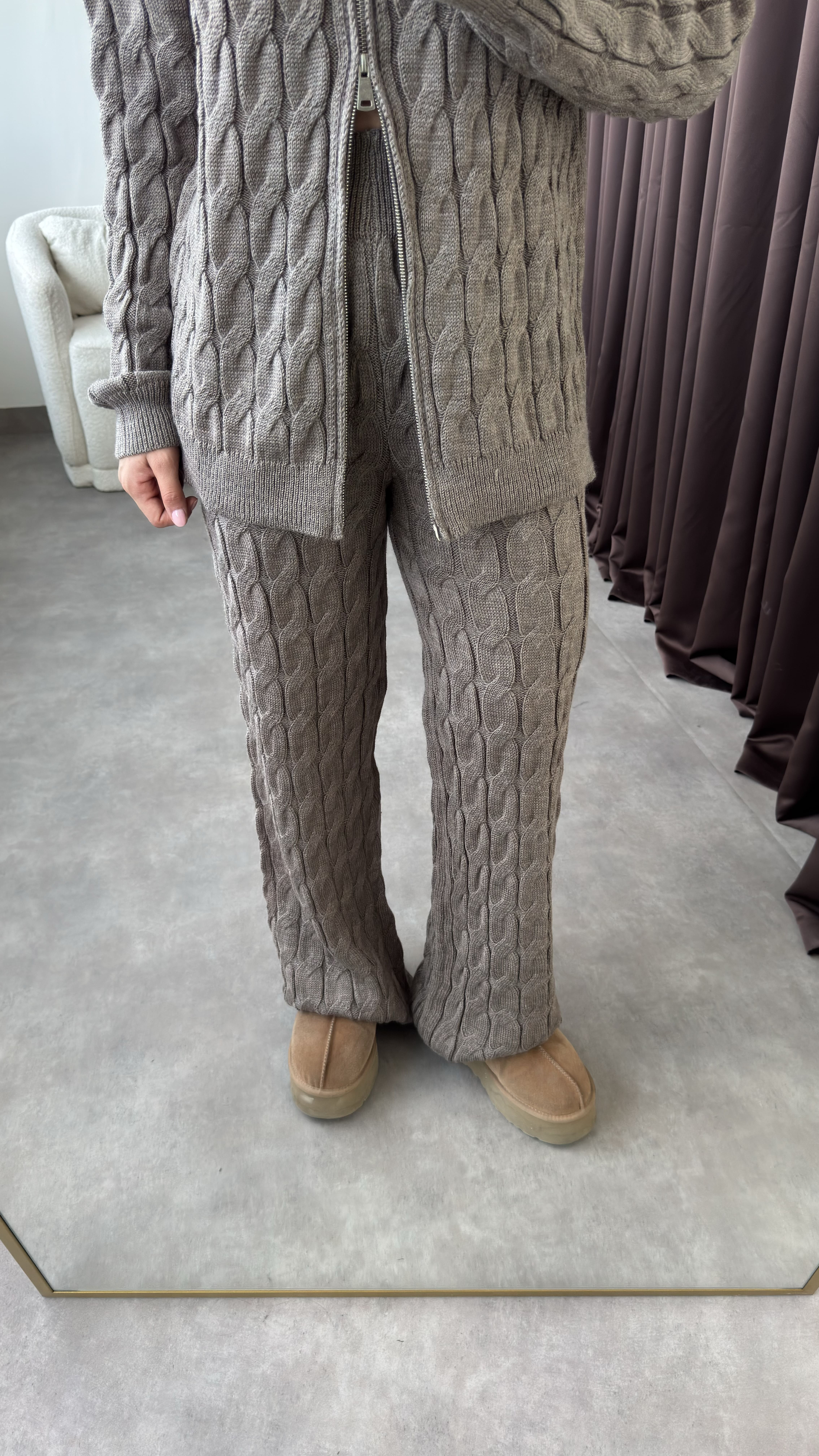 Çift Fermuarlı Kapüşonlu Saç Örgü Triko Takım