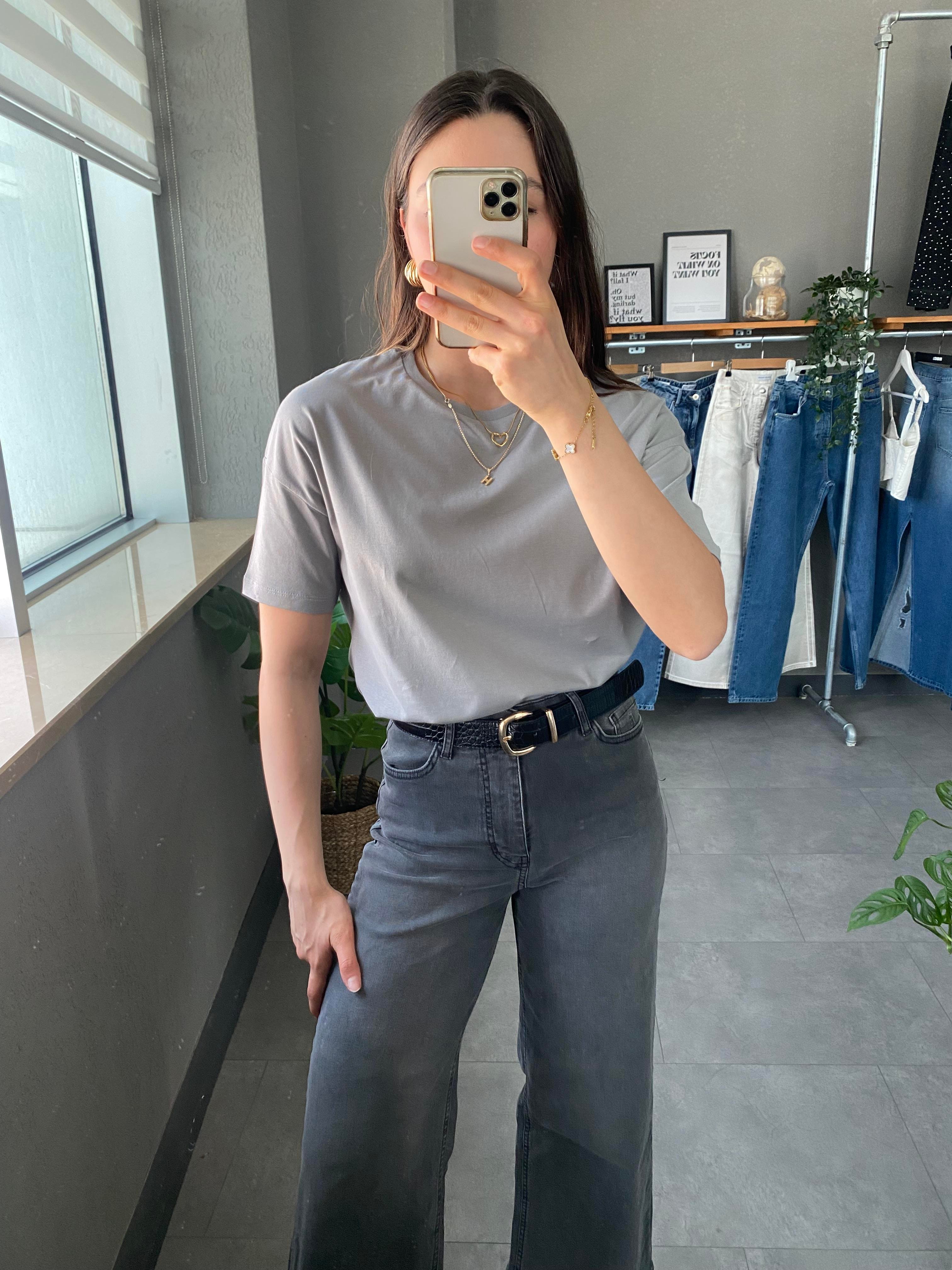 Oversize Bisiklet Yaka Gri Kadın T-shirt