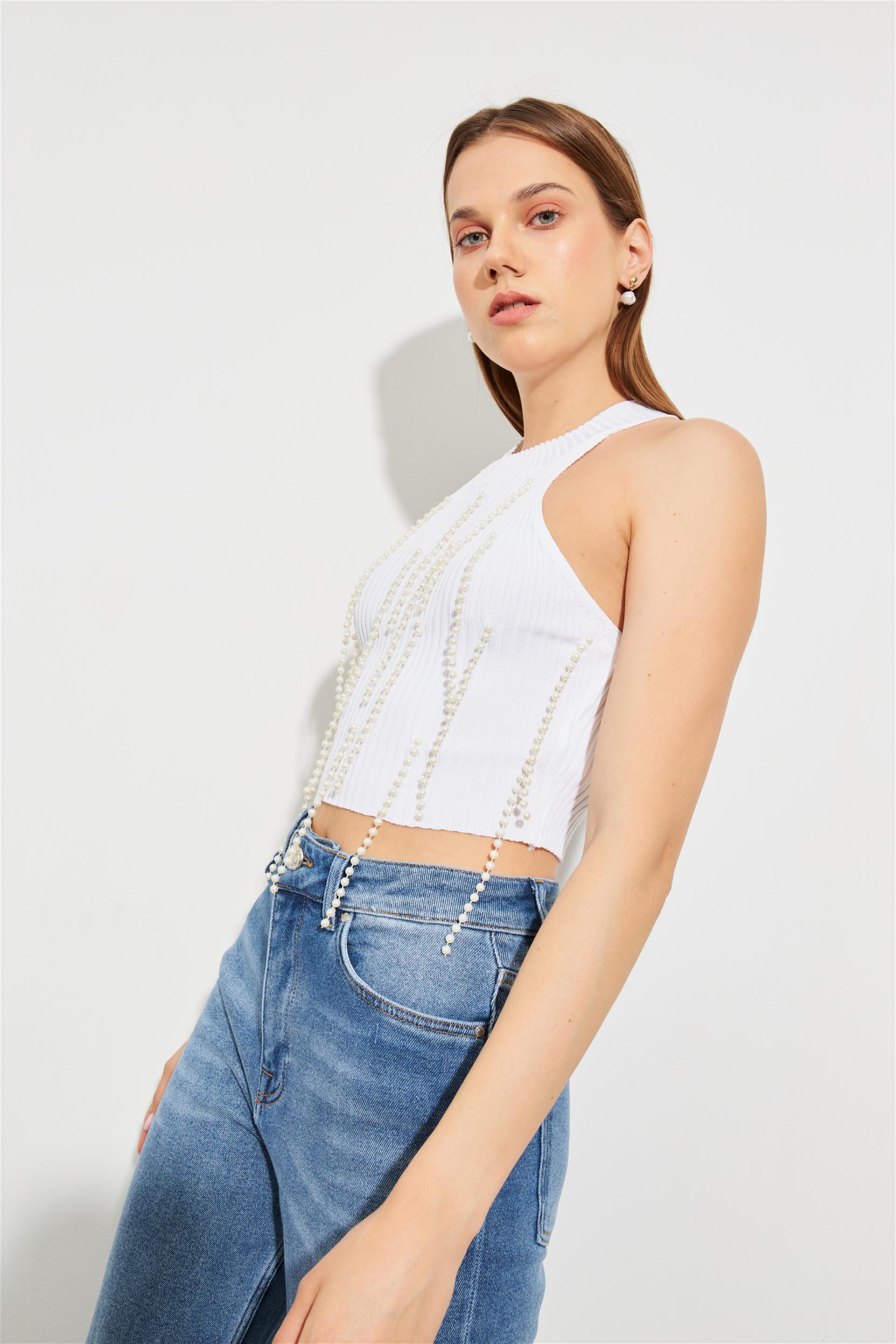 Suni İncili Triko Crop Top Beyaz