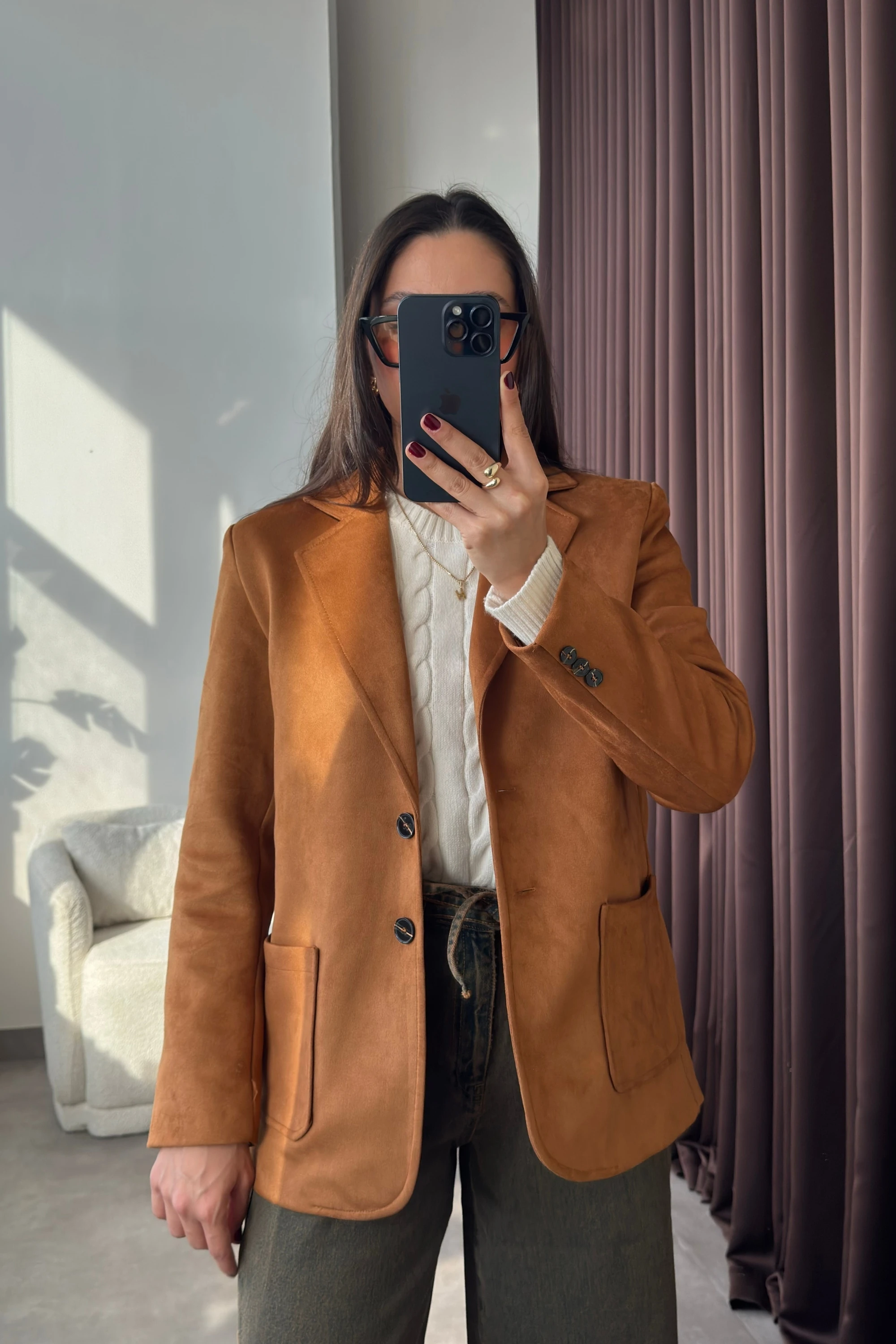 Vatkalı Cep Detaylı Taba Süet Kadın Blazer Ceket