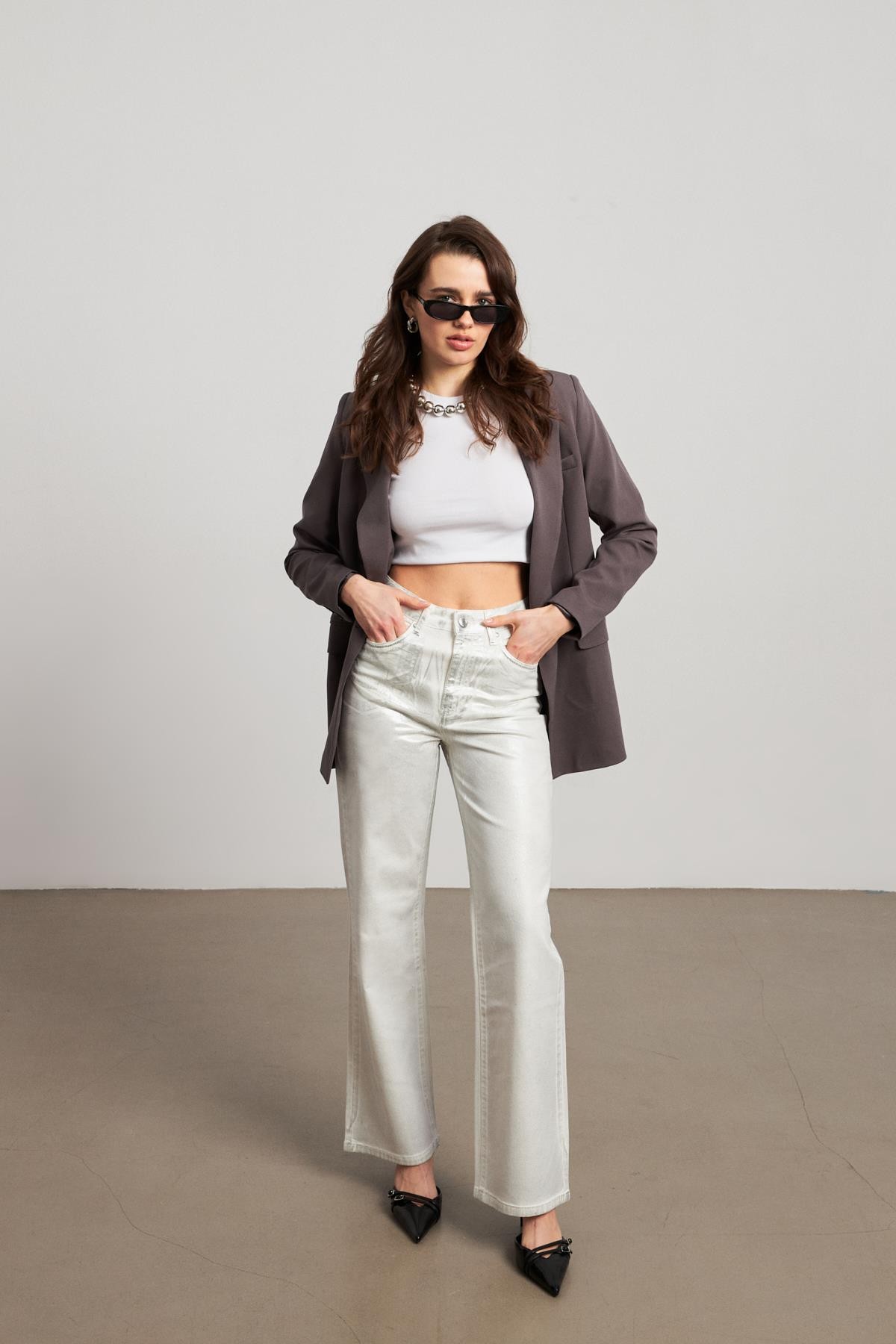 Yüksek Bel Gümüş Varaklı Kadın Wide Leg Jean