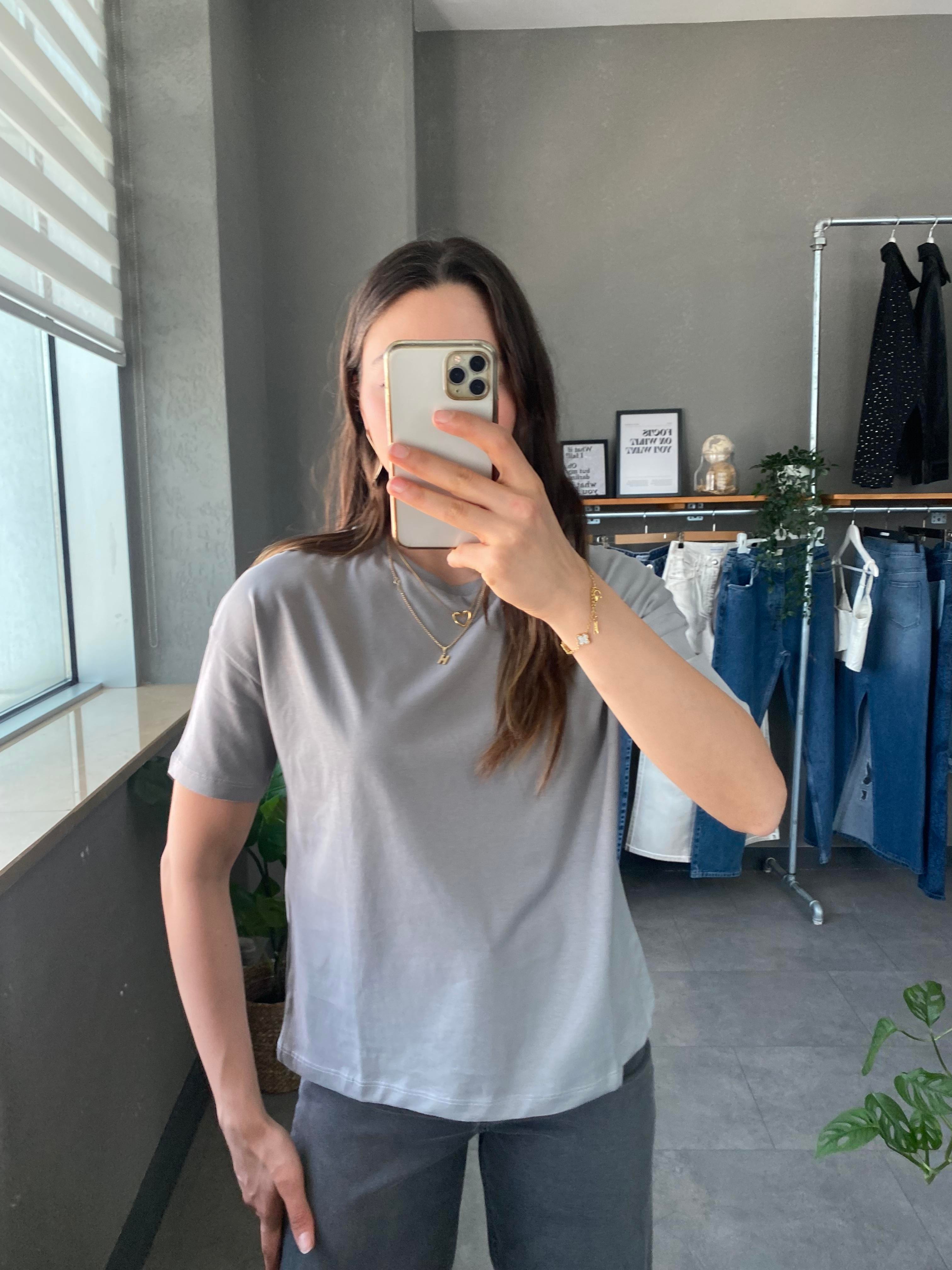 Oversize Bisiklet Yaka Gri Kadın T-shirt