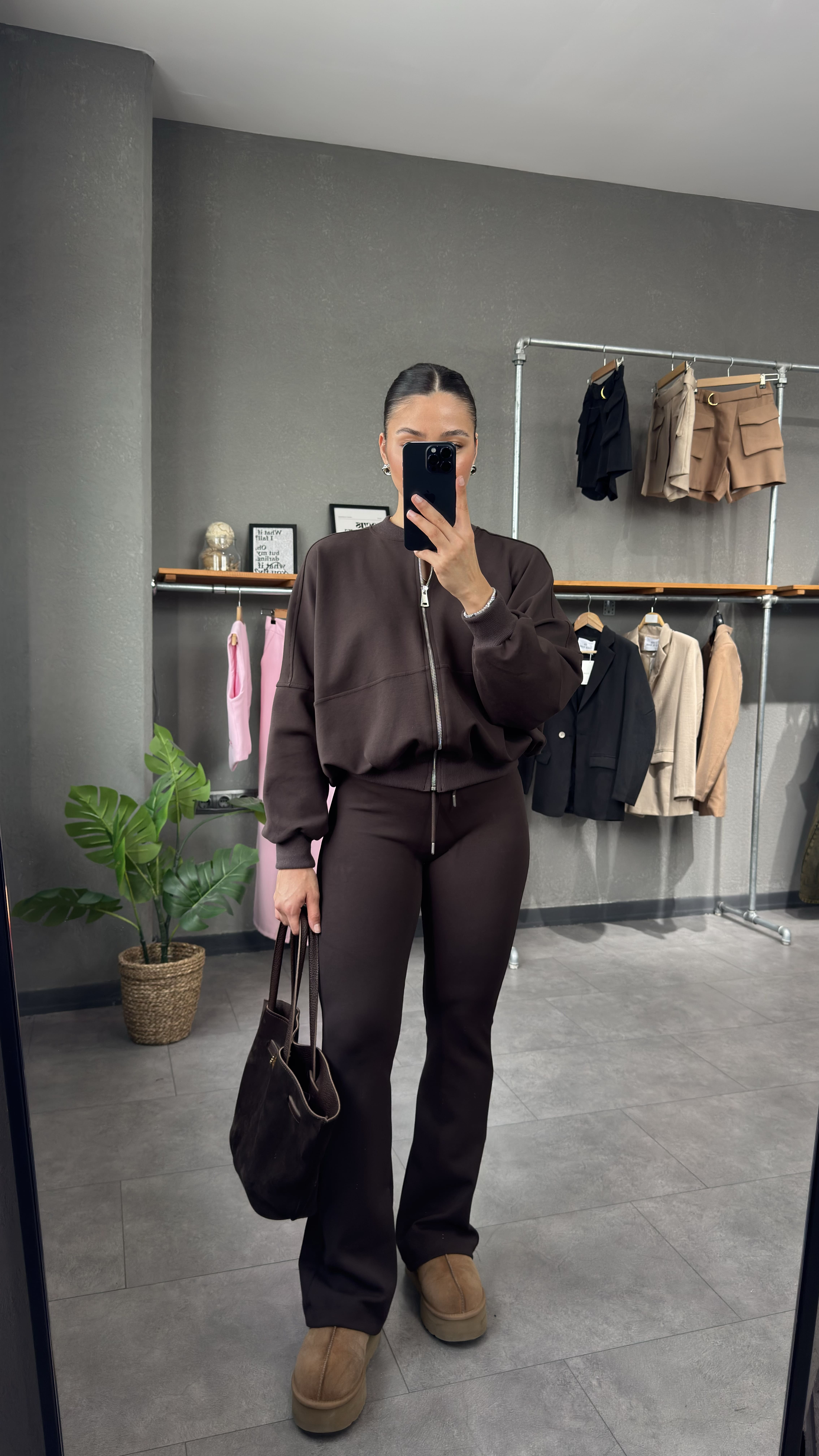 İspanyol Paça Pantolon Bomber Ceket Takım - Kahve