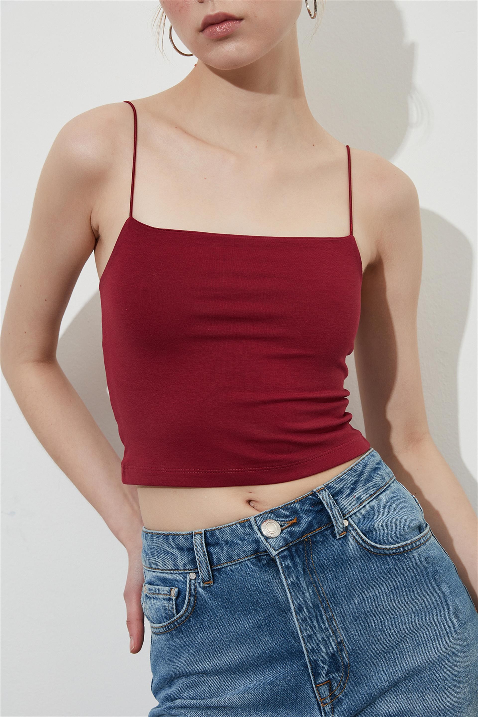 İp Askılı Bordo Crop Top