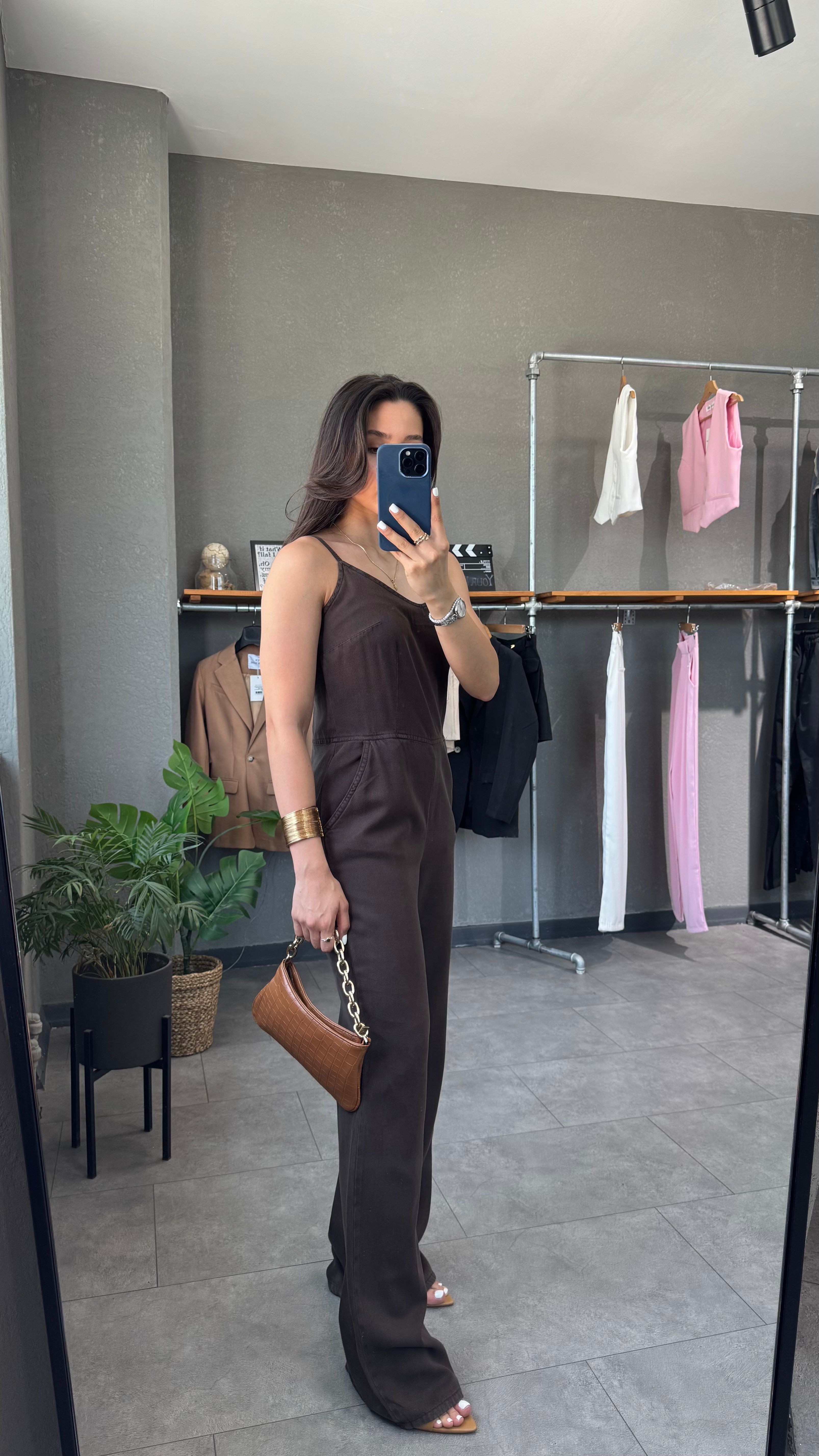 İnce Askılı Tensel Denim Tulum