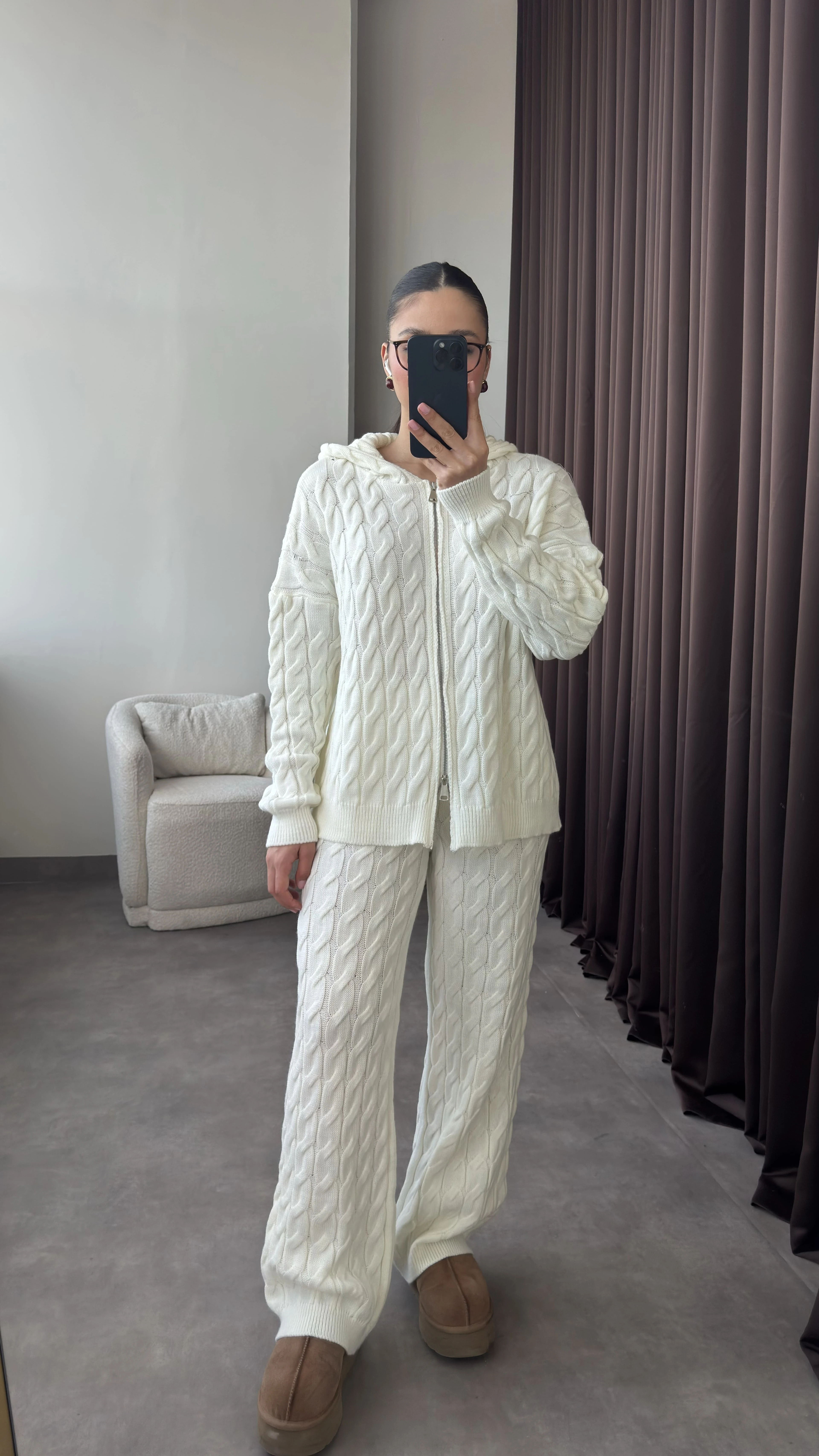 Çift Fermuarlı Kapüşonlu Saç Örgü Triko Takım - Ekru