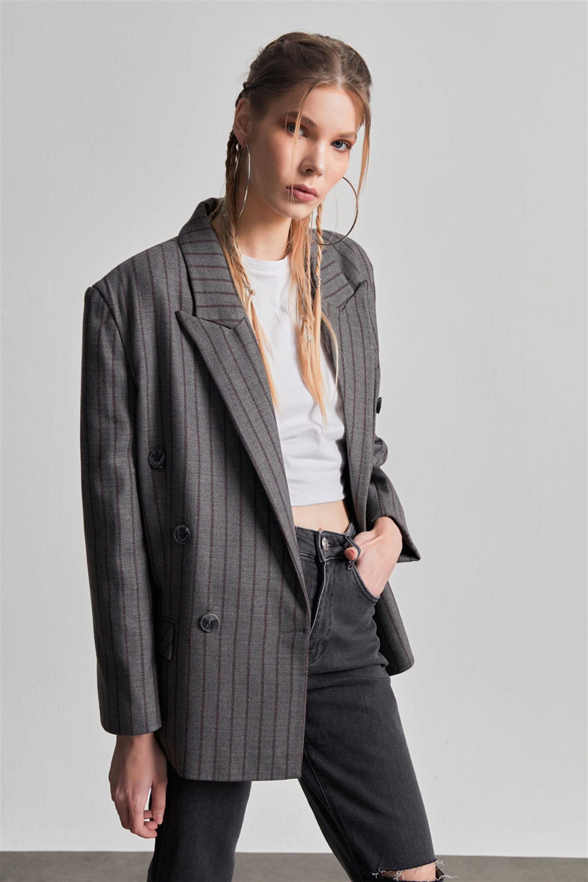 Bordo Çizgili Maskülen Oversize Kaşe Blazer Ceket