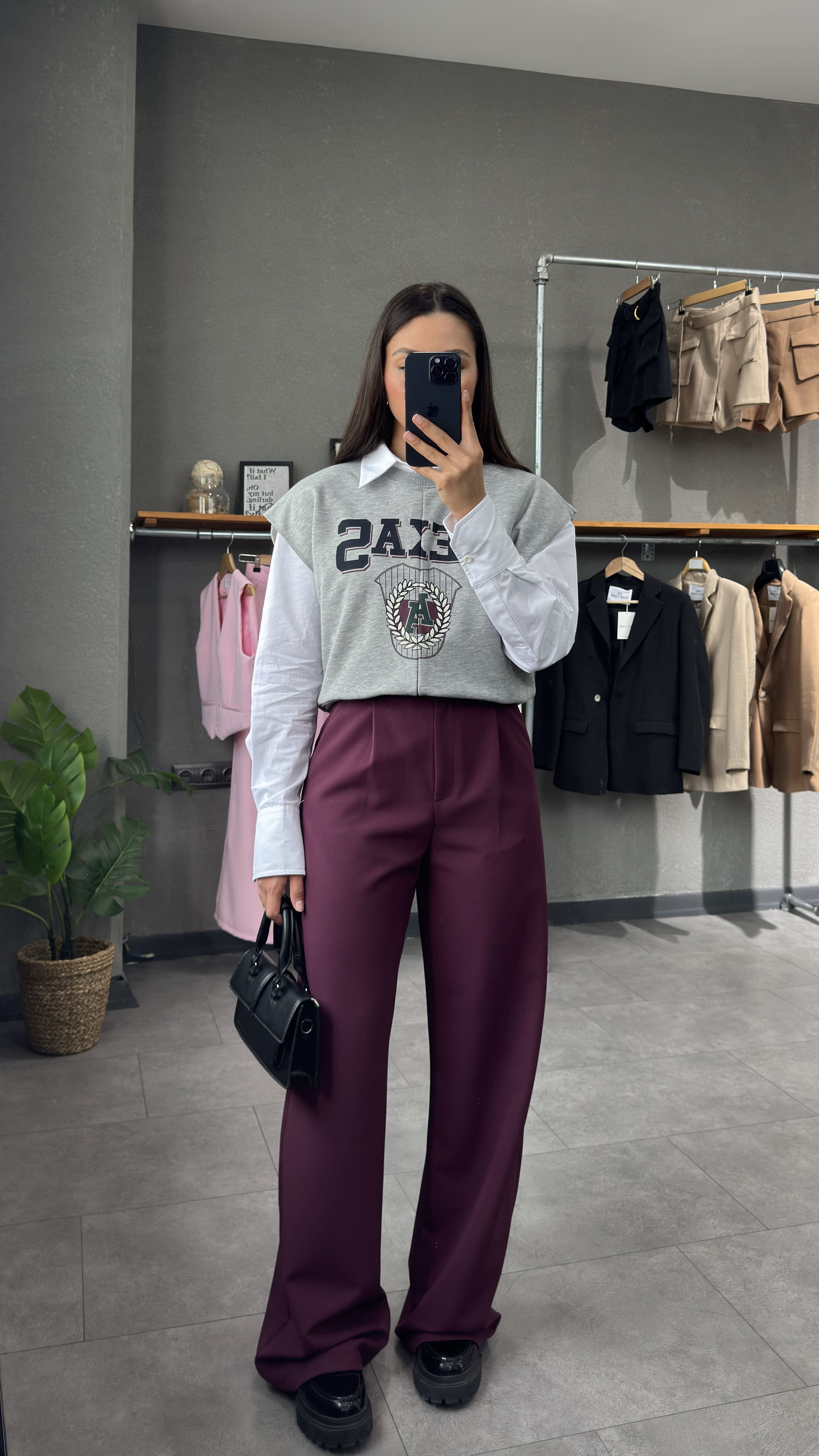 Yüksek Bel Pileli Düz Kesim Pantolon - Bordo