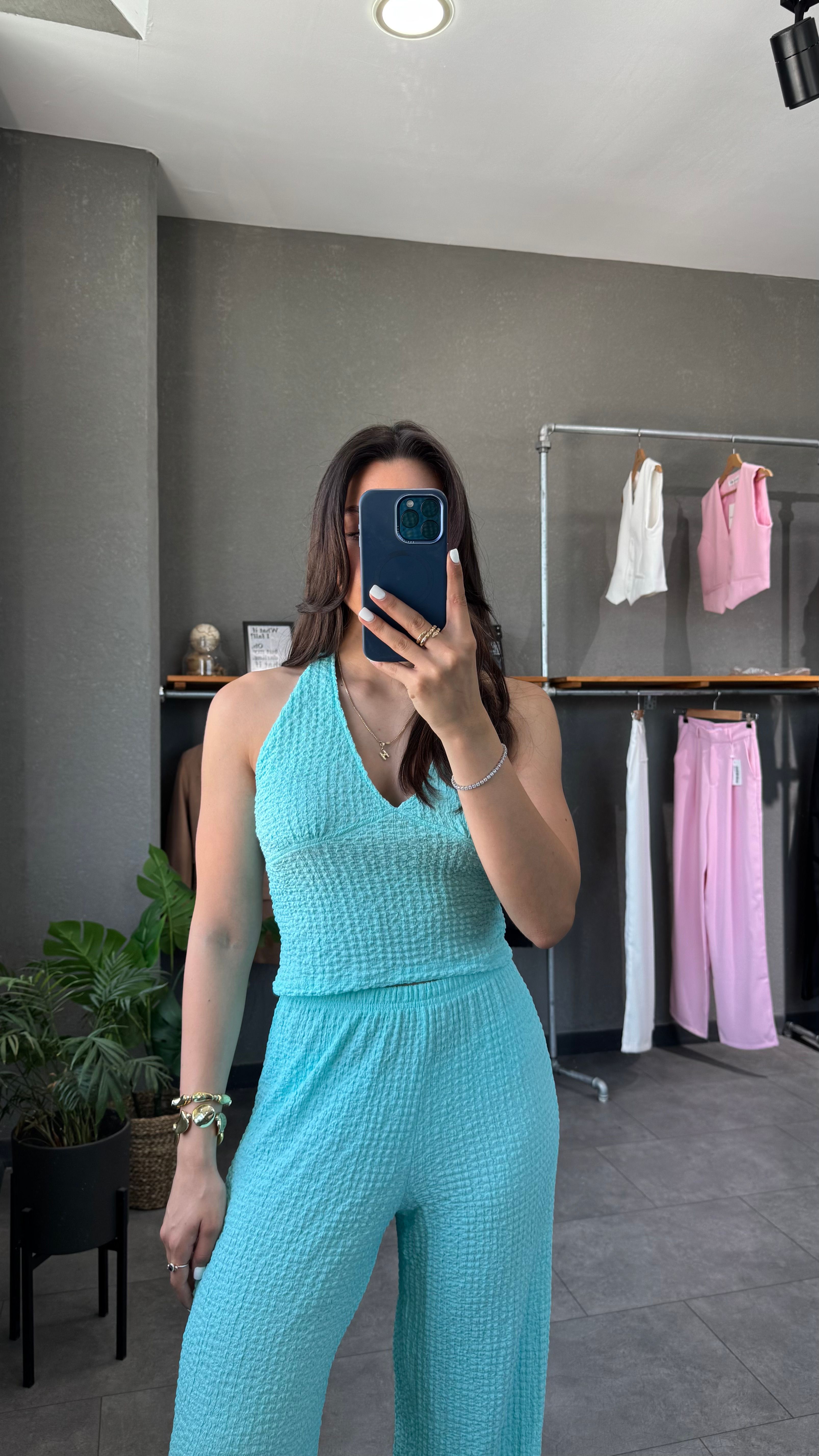 Halter Yaka Dökümlü Büstiyer Pantolon Takım - Mavi