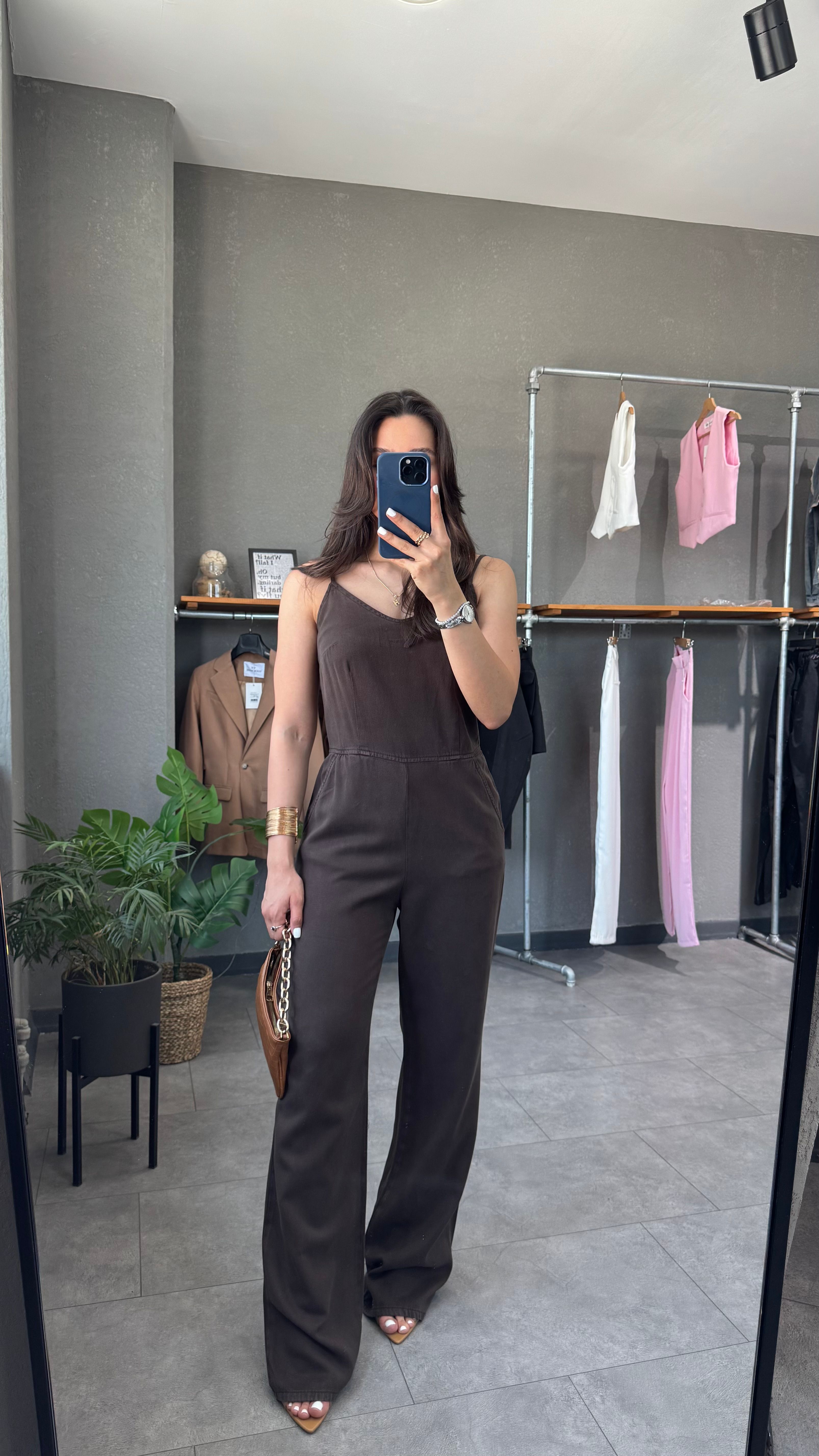 İnce Askılı Tensel Denim Tulum - Kahve