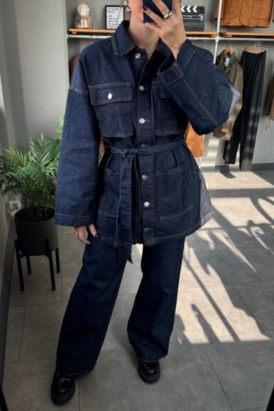 Cep Detaylı Kuşaklı Lacivert Denim ceket Jean Takım